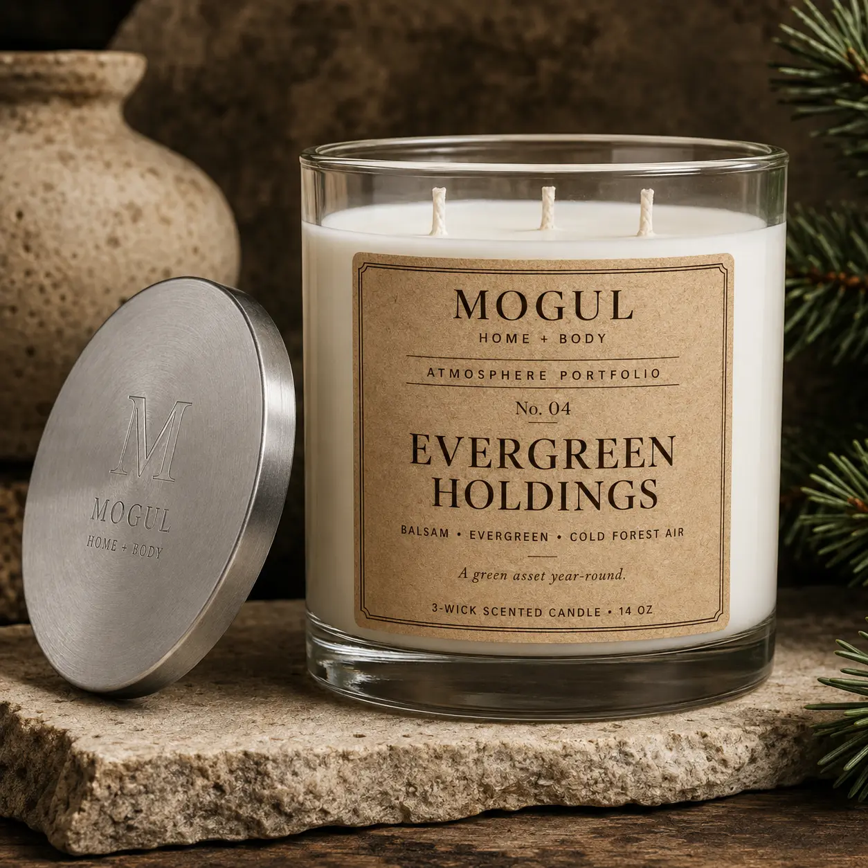 Evergreen Holdings — 3-Wick Scented Candle by MOGUL HOME + BODY