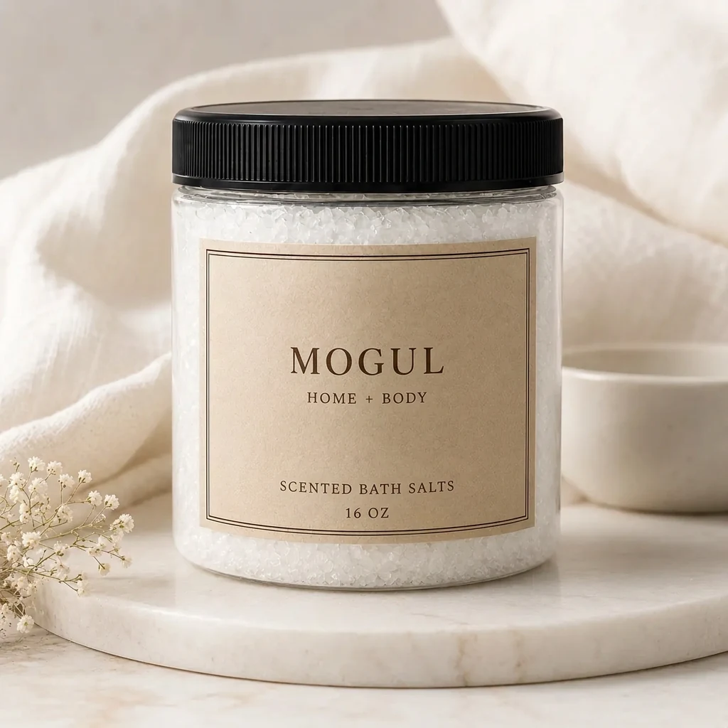 MOGUL HOME + BODY neutral tan label bath-salt packaging