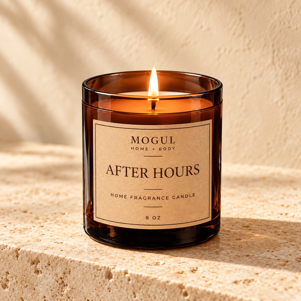After Hours Candle Home Fragrance Candle, 8 oz — packaging mockup with MOGUL HOME + BODY kraft label