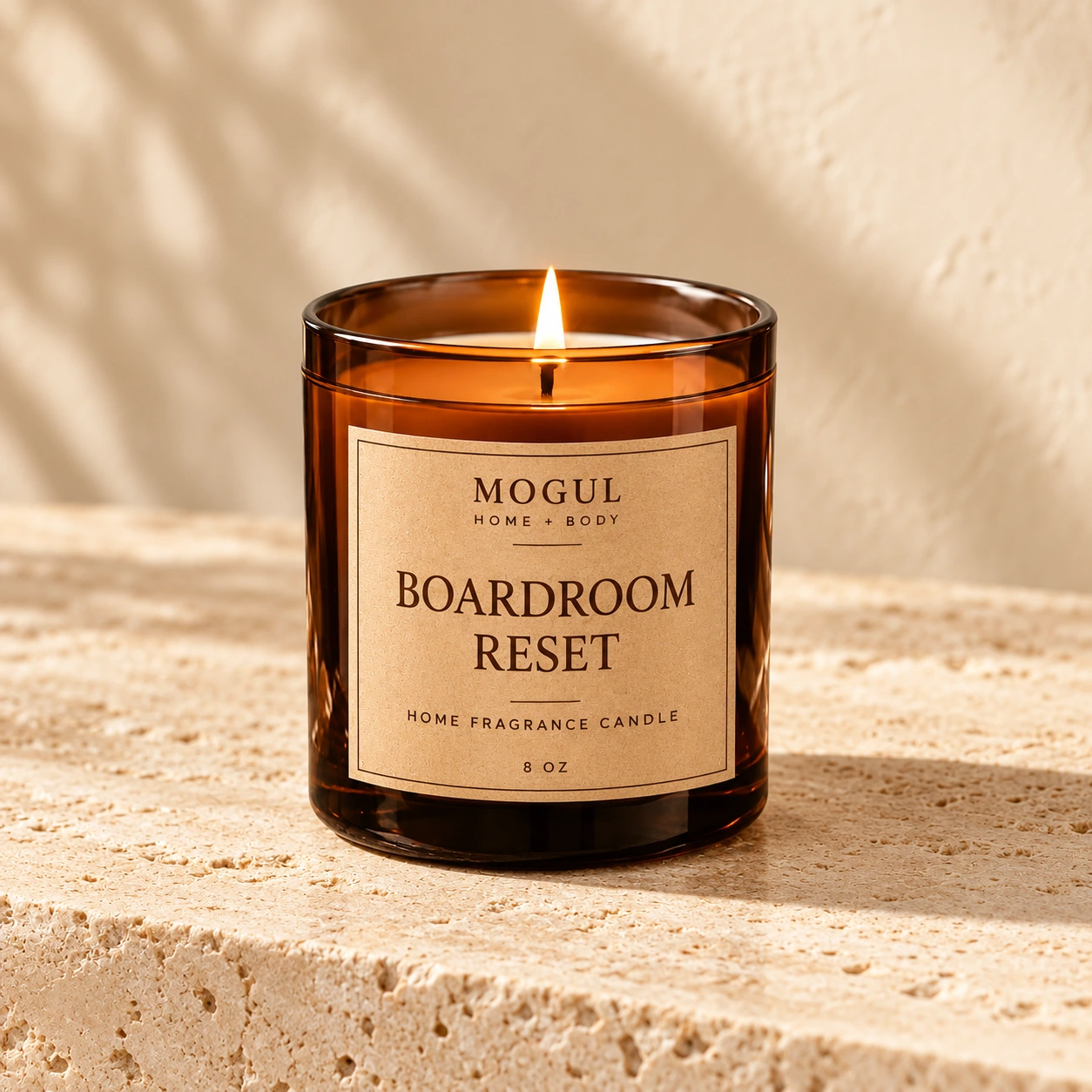 Boardroom Reset Candle Home Fragrance Candle, 8 oz — packaging mockup with MOGUL HOME + BODY kraft label