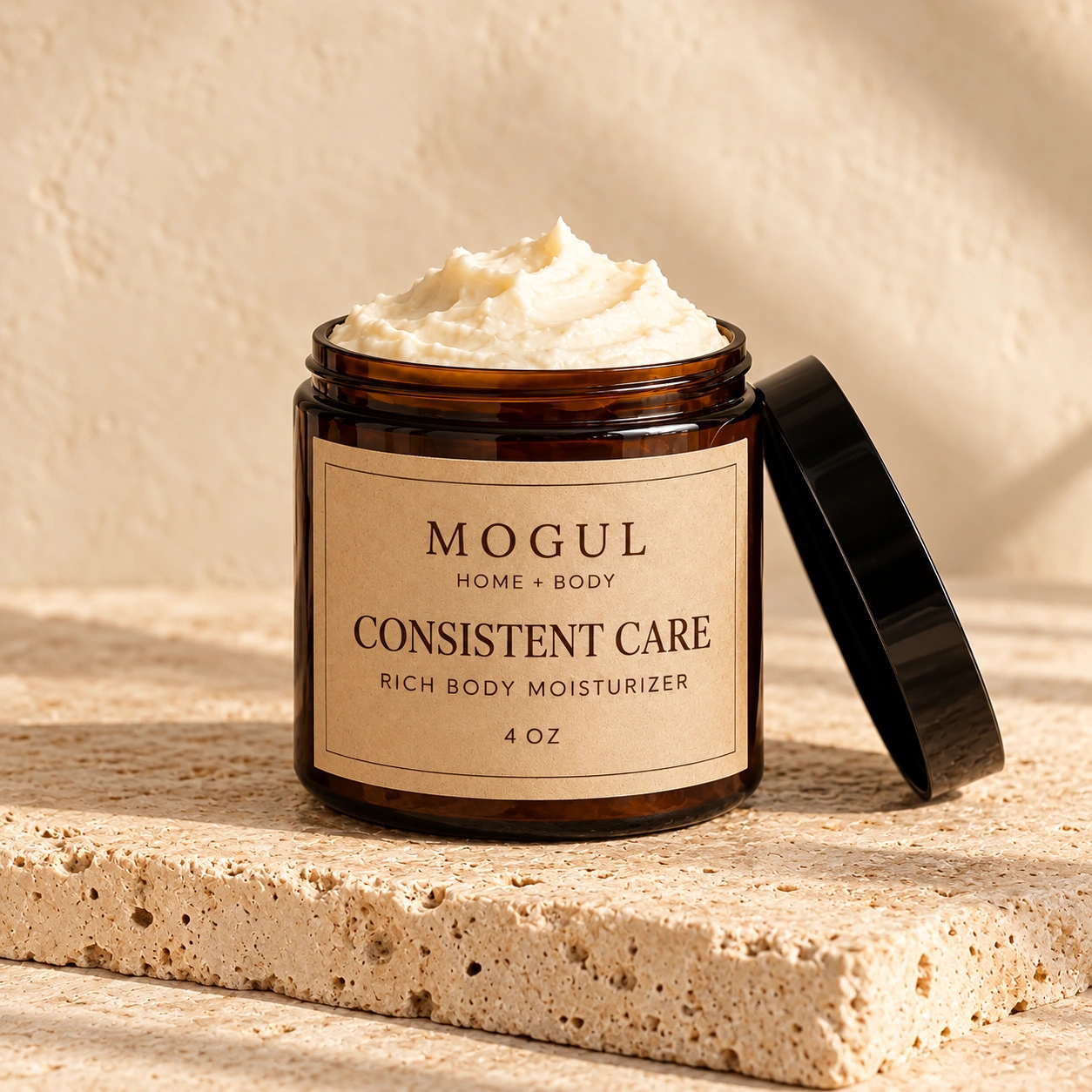 CONSISTENT CARE Rich Body Moisturizer, 4 oz — packaging mockup with MOGUL HOME + BODY kraft label