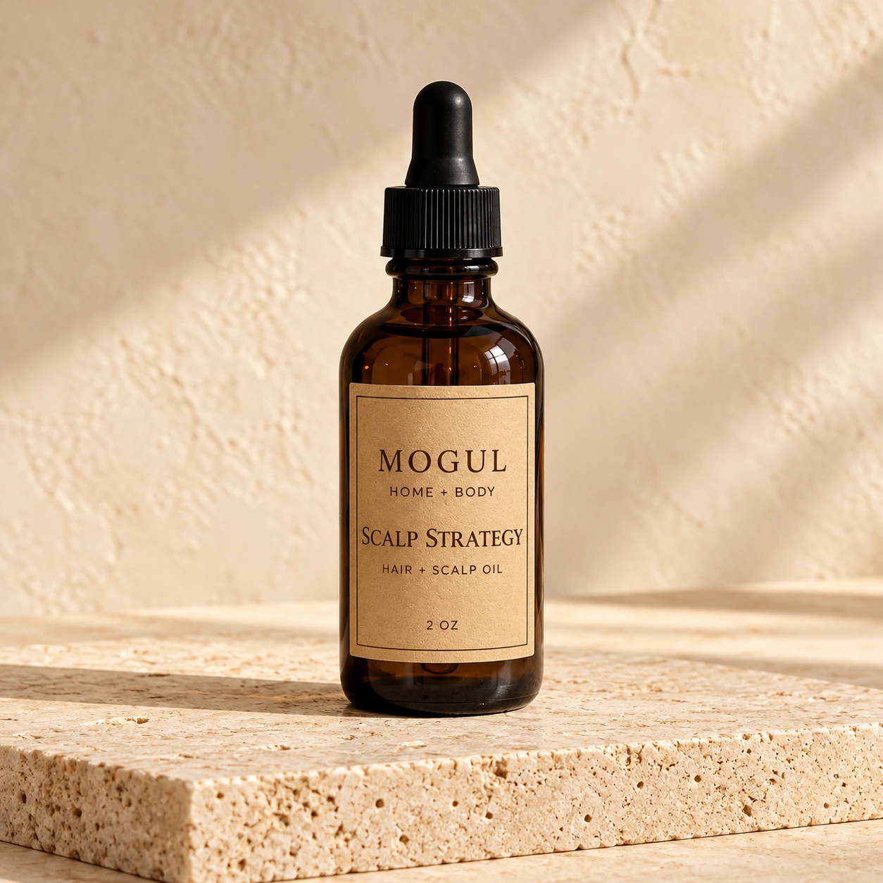 SCALP STRATEGY Hair + Scalp Oil, 2 oz applicator — packaging mockup with MOGUL HOME + BODY kraft label
