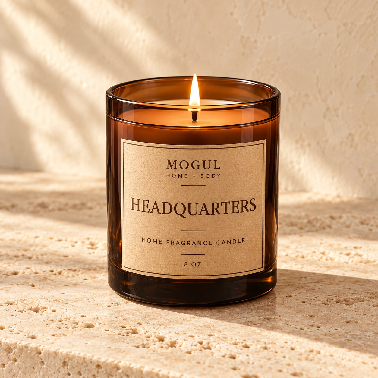 Headquarters Candle Home Fragrance Candle, 8 oz — packaging mockup with MOGUL HOME + BODY kraft label