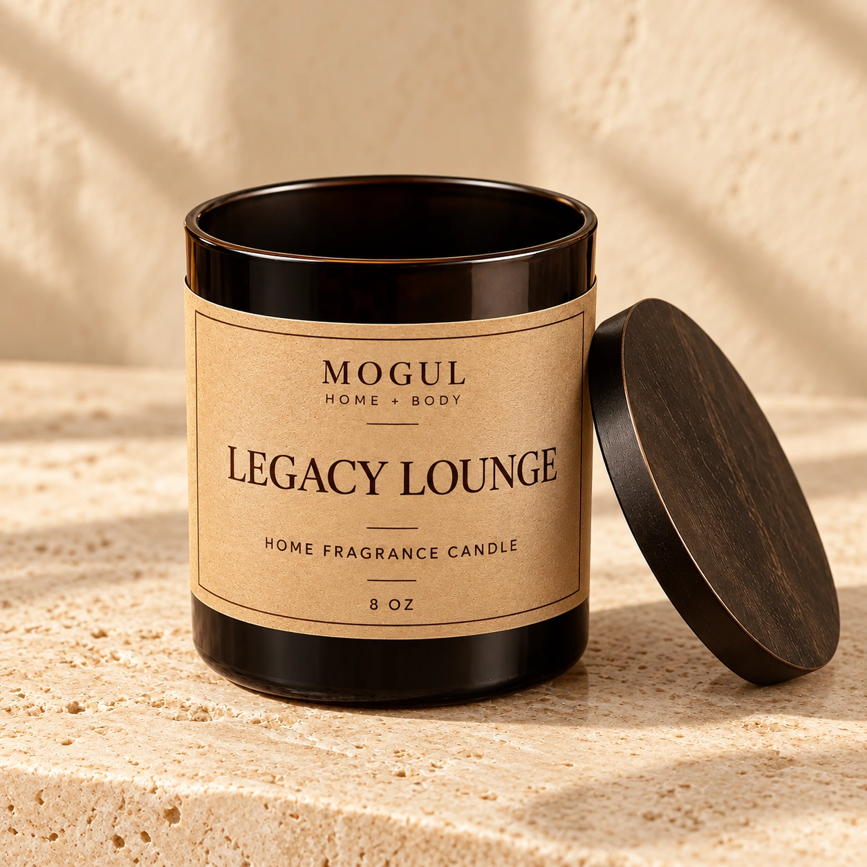 Legacy Lounge Candle Home Fragrance Candle, 8 oz — packaging mockup with MOGUL HOME + BODY kraft label