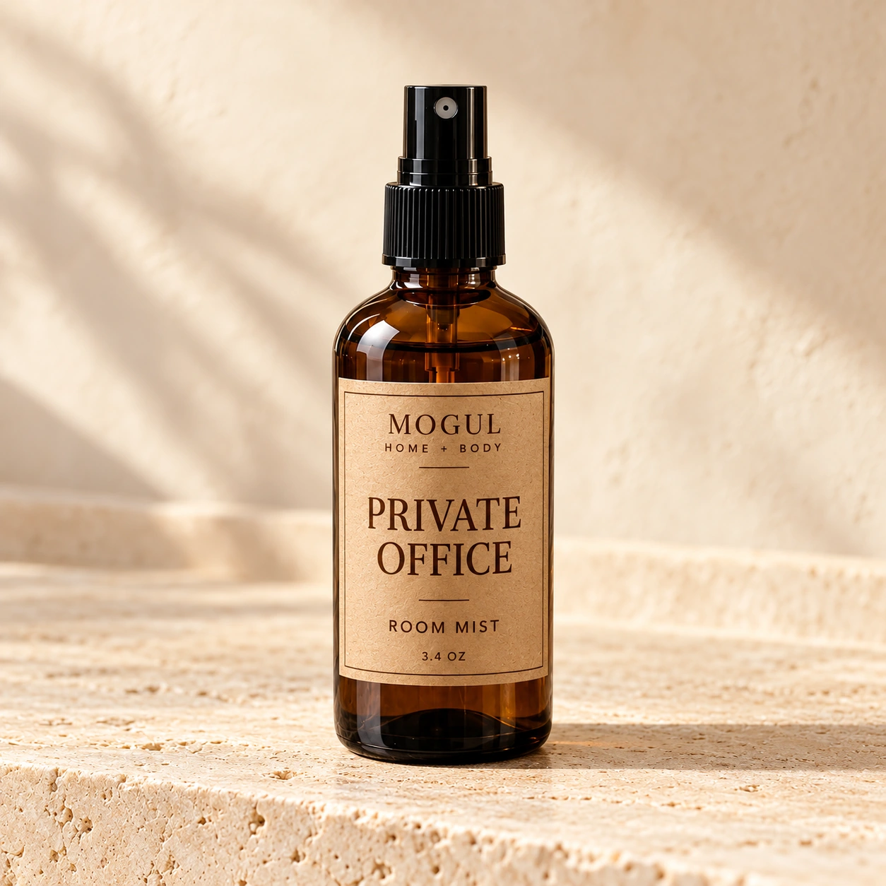 Private Office Room Mist Room Mist, 3.4 oz — packaging mockup with MOGUL HOME + BODY kraft label