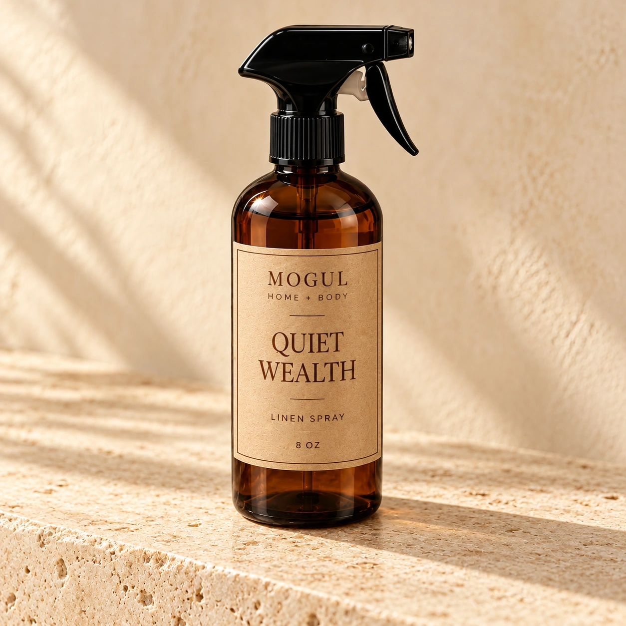 Quiet Wealth Linen Spray Linen Spray, 8 oz — packaging mockup with MOGUL HOME + BODY kraft label