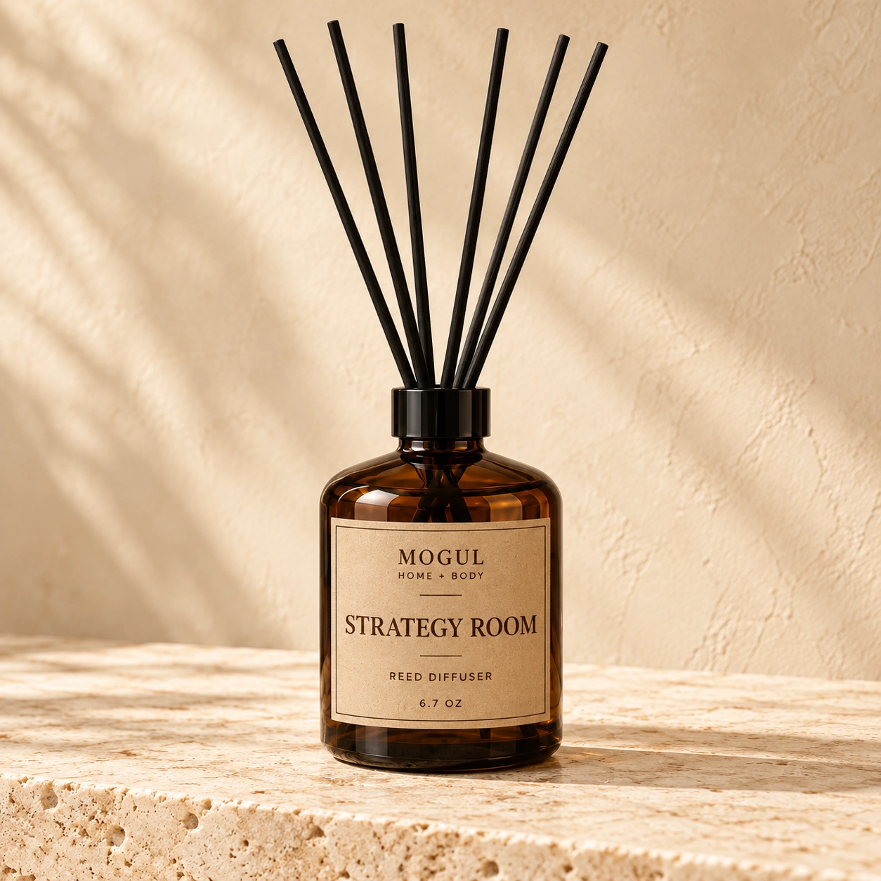 Strategy Room Reed Diffuser Reed Diffuser, 6.7 oz — packaging mockup with MOGUL HOME + BODY kraft label