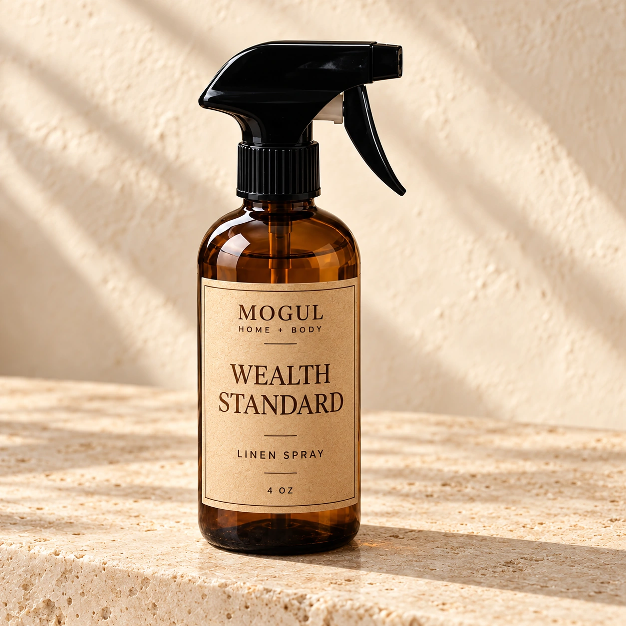 Wealth Standard Linen Spray Linen Spray, 4 oz — packaging mockup with MOGUL HOME + BODY kraft label