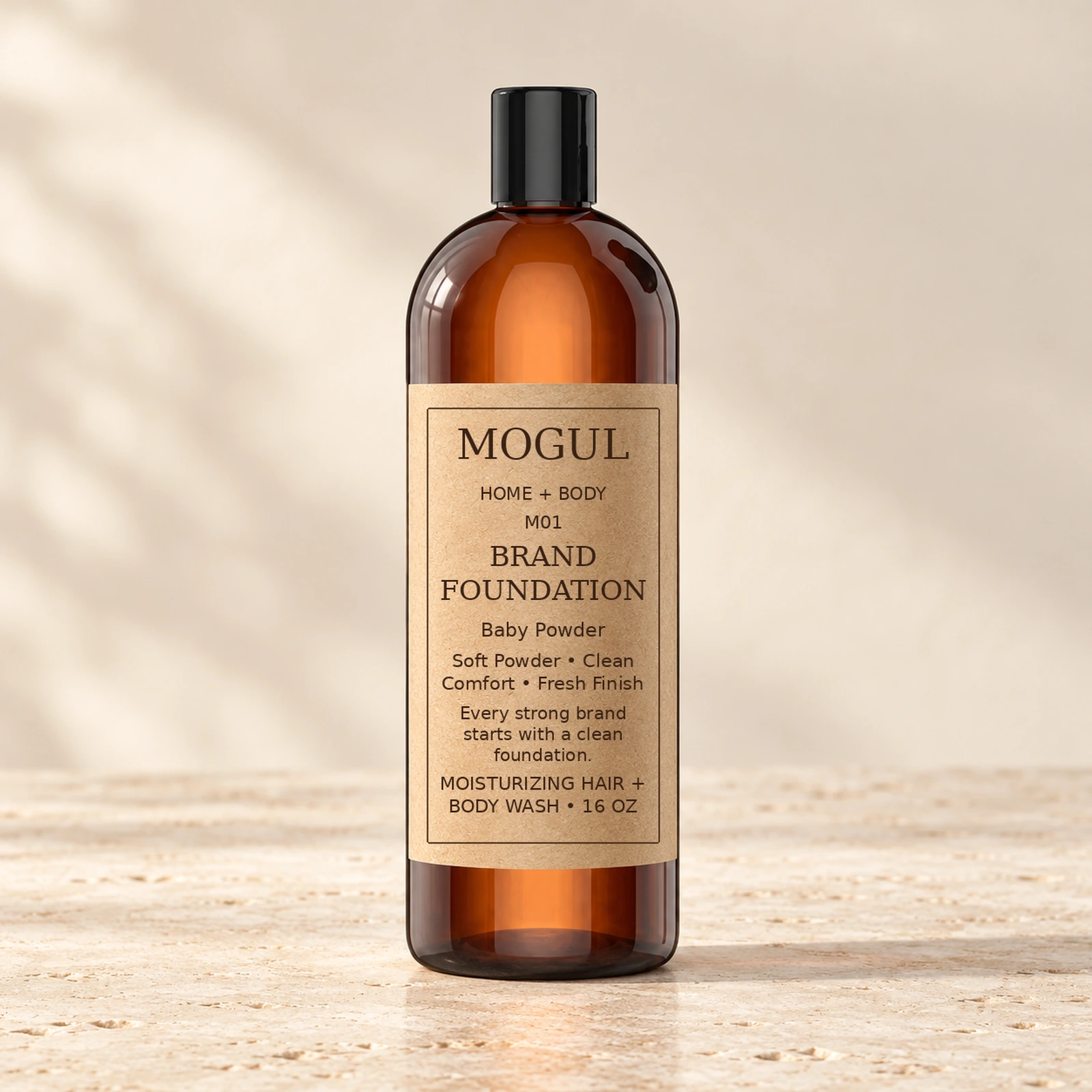 M01 BRAND FOUNDATION Hair + Body Wash, 16 oz — packaging mockup with MOGUL HOME + BODY kraft label