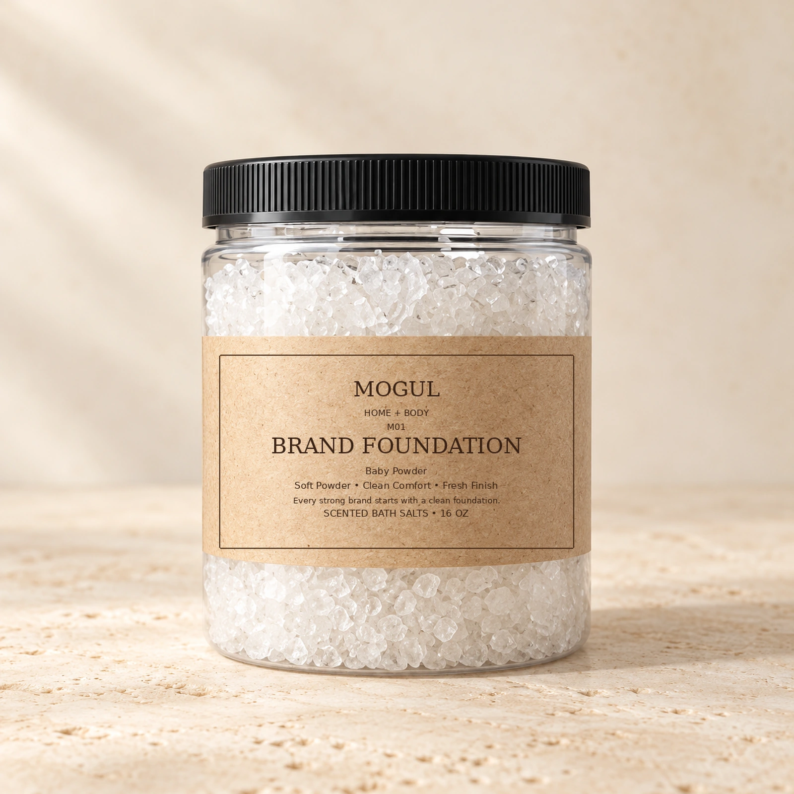 M01 BRAND FOUNDATION Scented Bath Salts, 16 oz — packaging mockup with MOGUL HOME + BODY kraft label