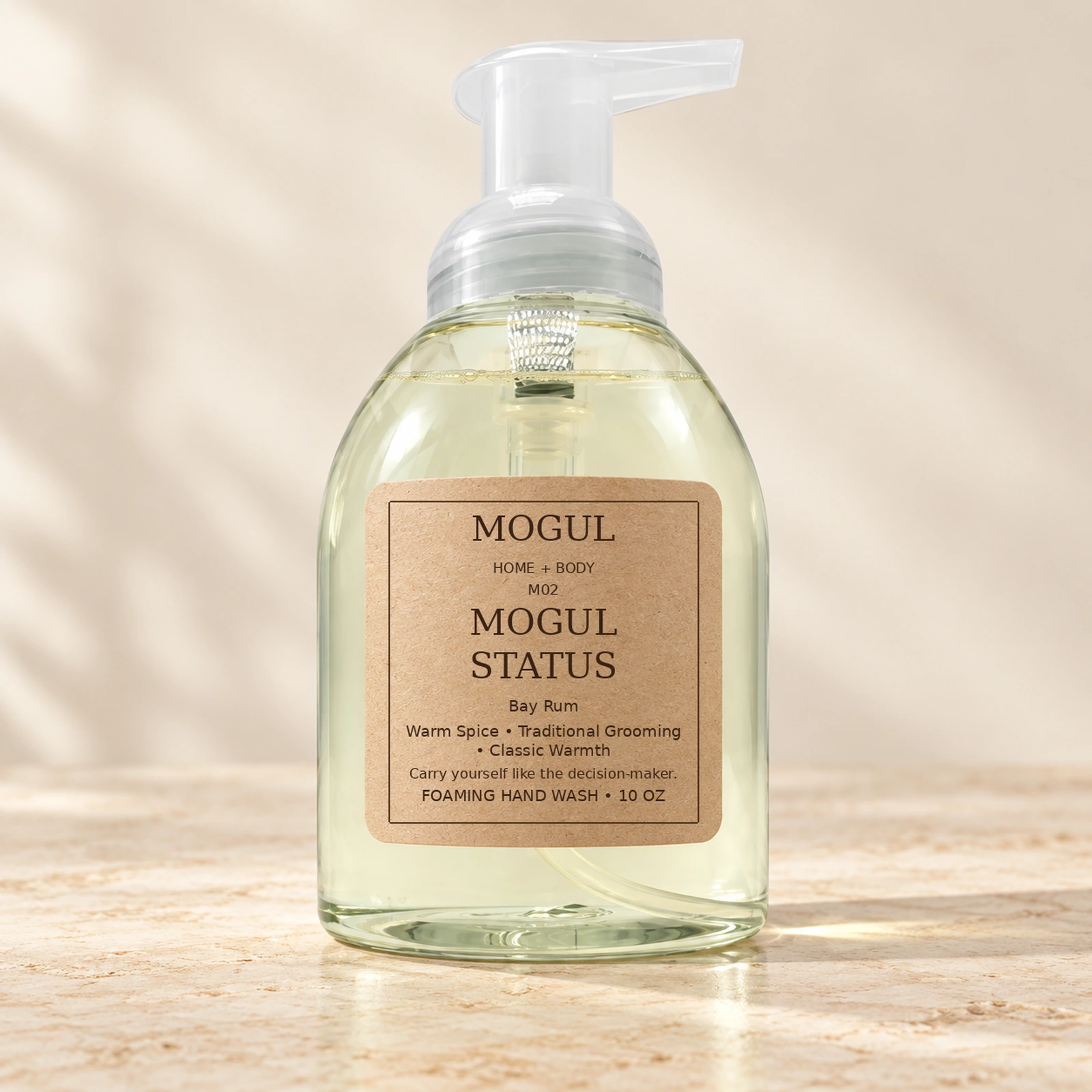 M02 MOGUL STATUS Foaming Hand Wash, 10 oz — packaging mockup with MOGUL HOME + BODY kraft label