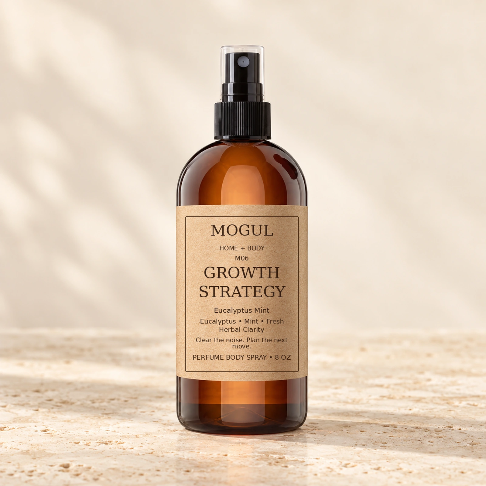 M06 GROWTH STRATEGY Perfume Body Spray, 8 oz — packaging mockup with MOGUL HOME + BODY kraft label