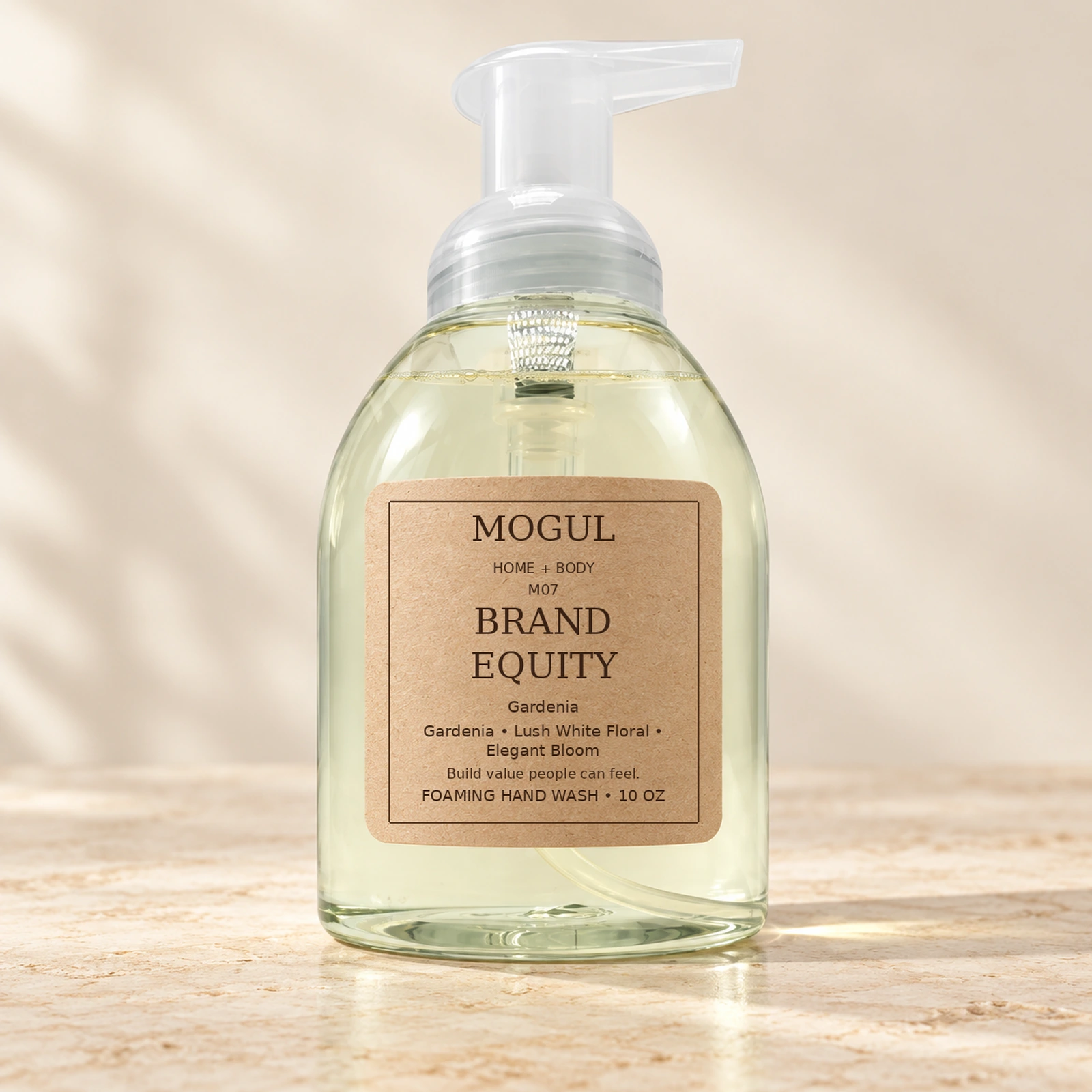 M07 BRAND EQUITY Foaming Hand Wash, 10 oz — packaging mockup with MOGUL HOME + BODY kraft label