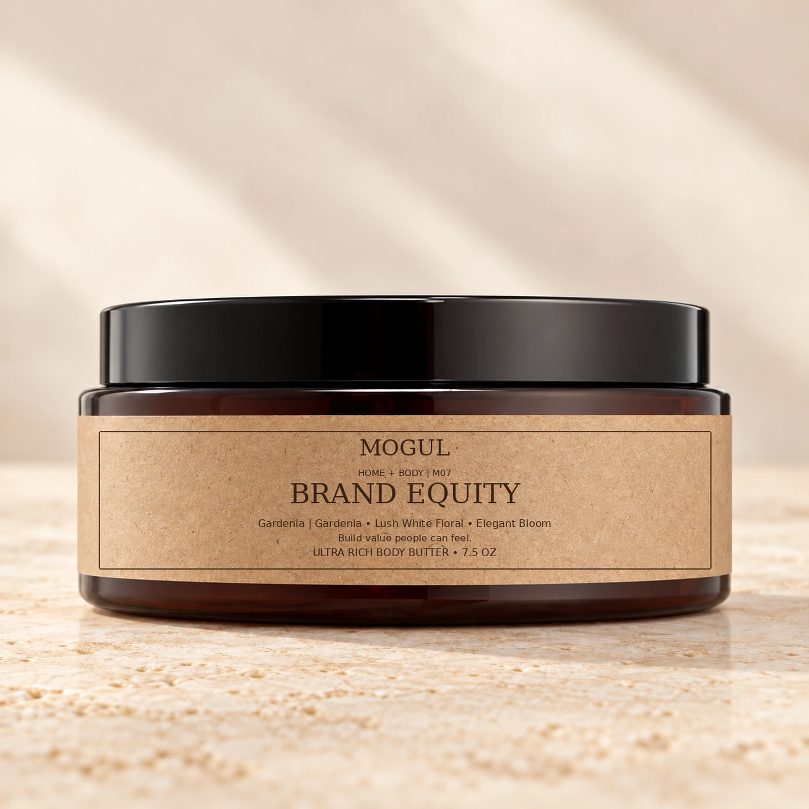 M07 BRAND EQUITY Ultra Rich Body Butter, 7.5 oz — packaging mockup with MOGUL HOME + BODY kraft label