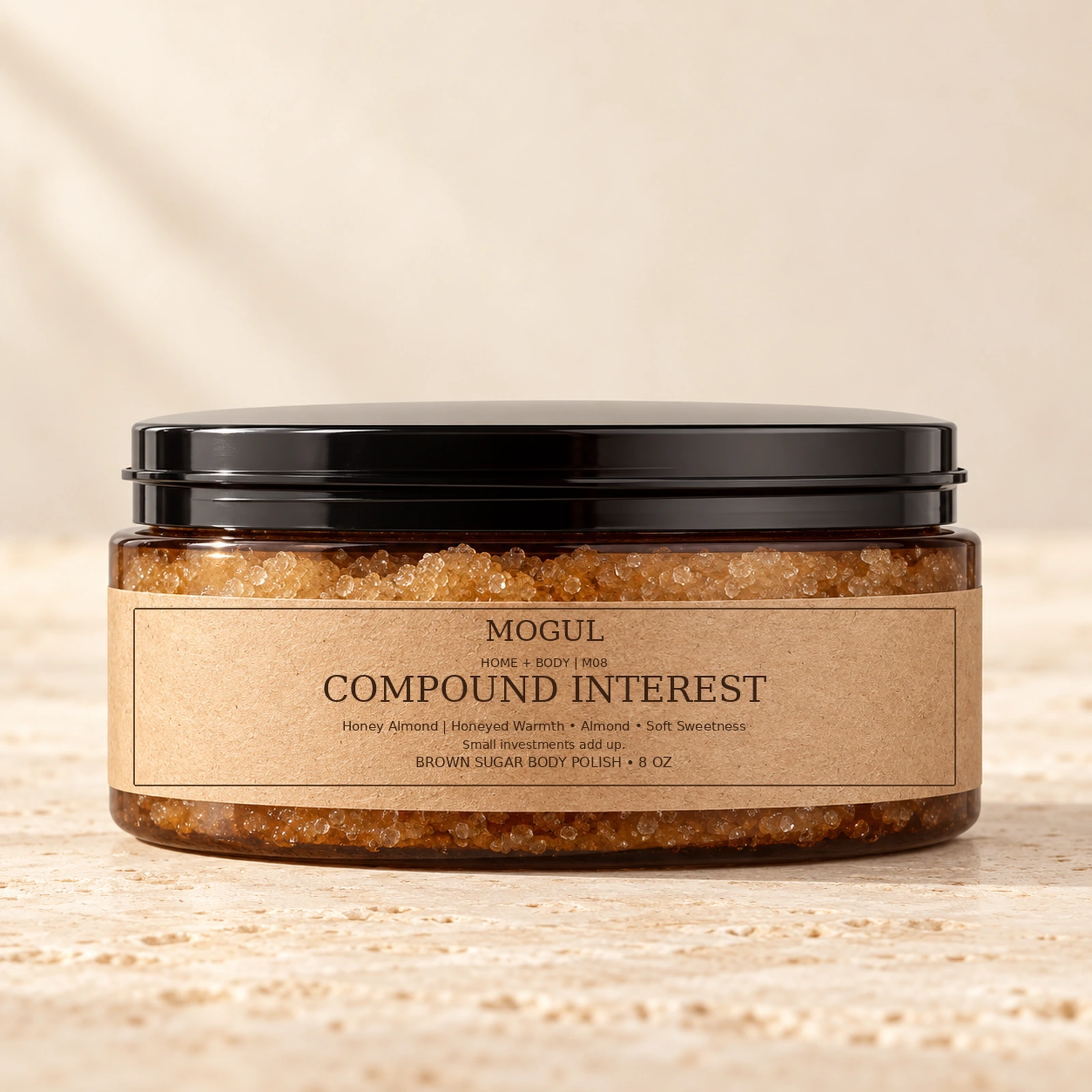 M08 COMPOUND INTEREST Brown Sugar Body Polish, 8 oz — packaging mockup with MOGUL HOME + BODY kraft label