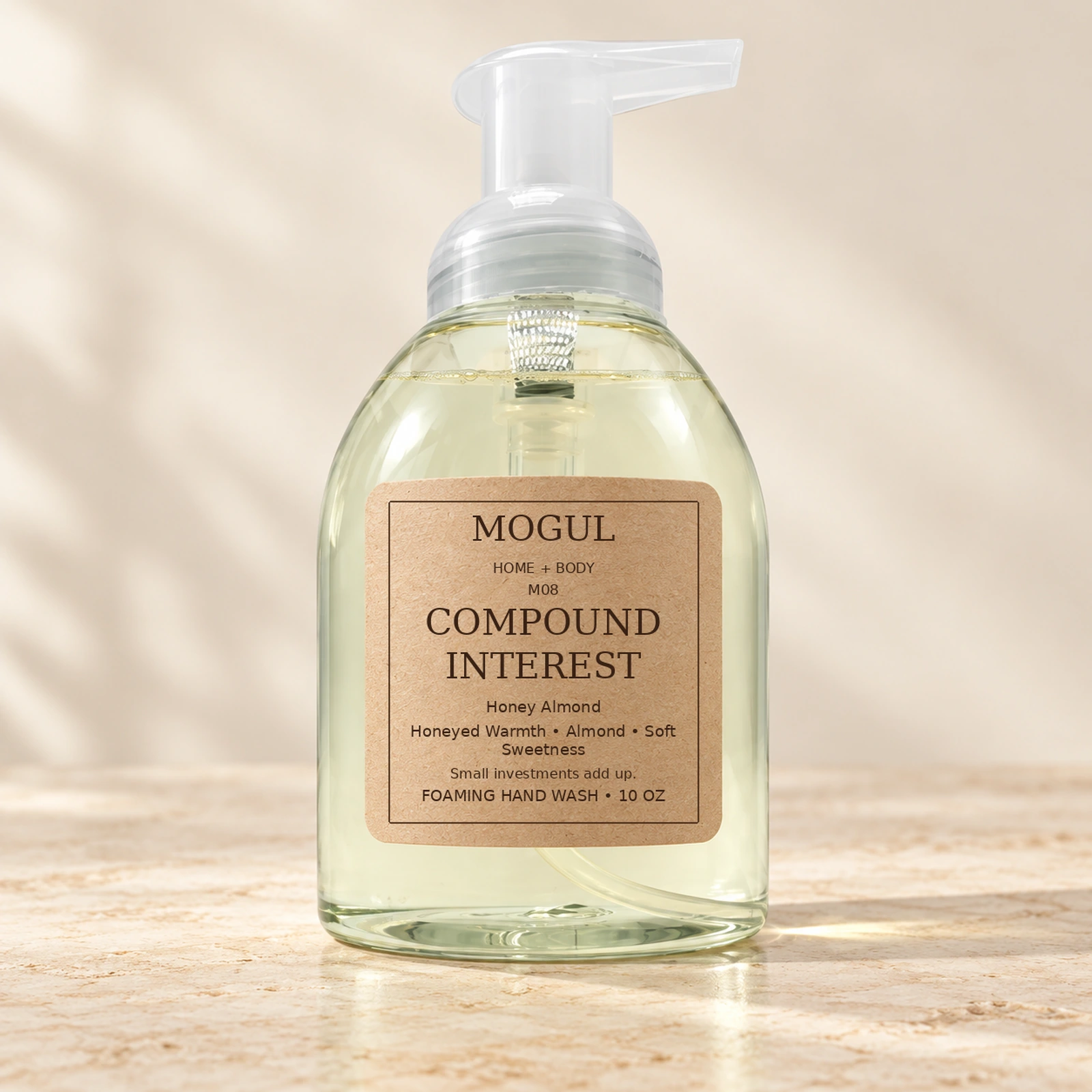 M08 COMPOUND INTEREST Foaming Hand Wash, 10 oz — packaging mockup with MOGUL HOME + BODY kraft label