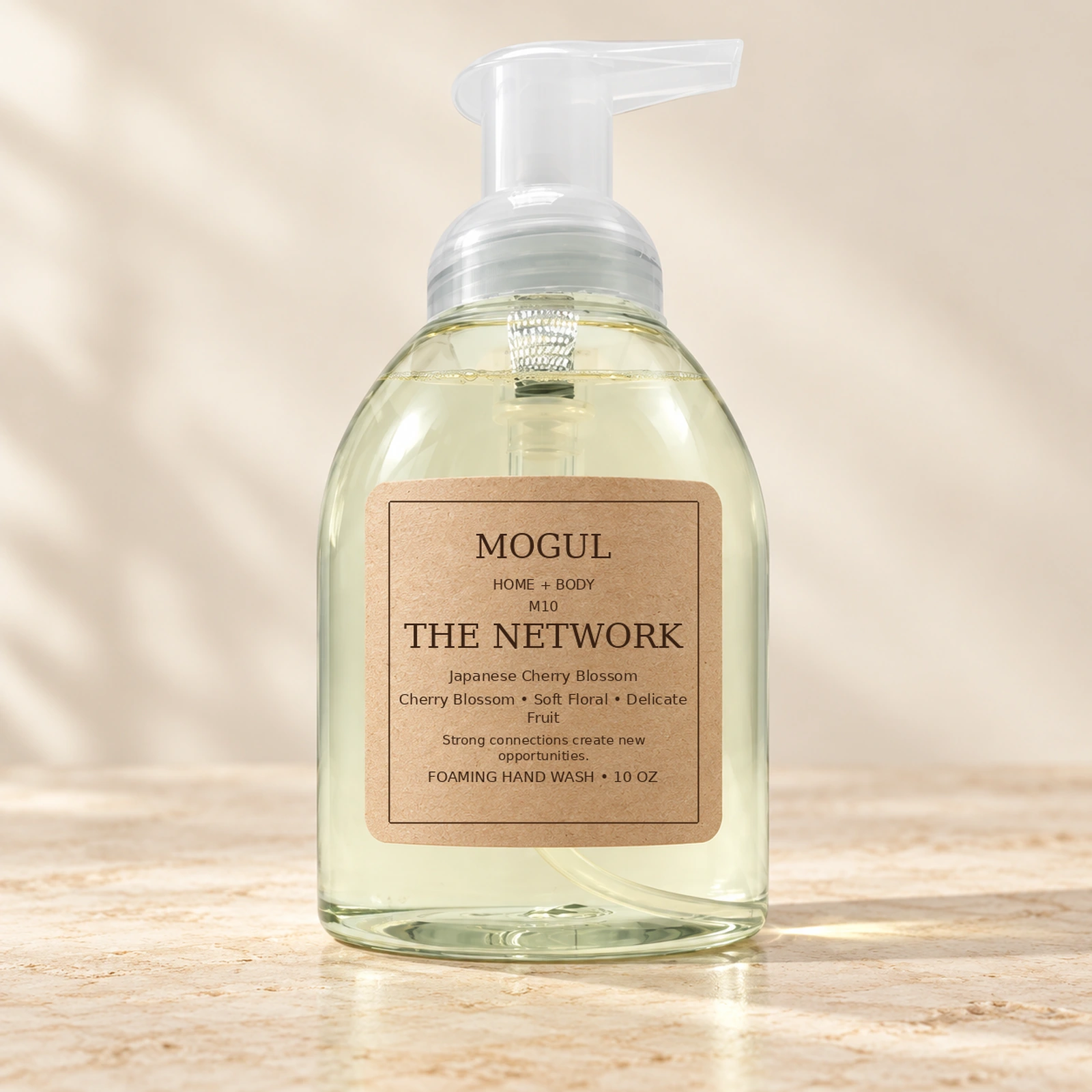 M10 THE NETWORK Foaming Hand Wash, 10 oz — packaging mockup with MOGUL HOME + BODY kraft label