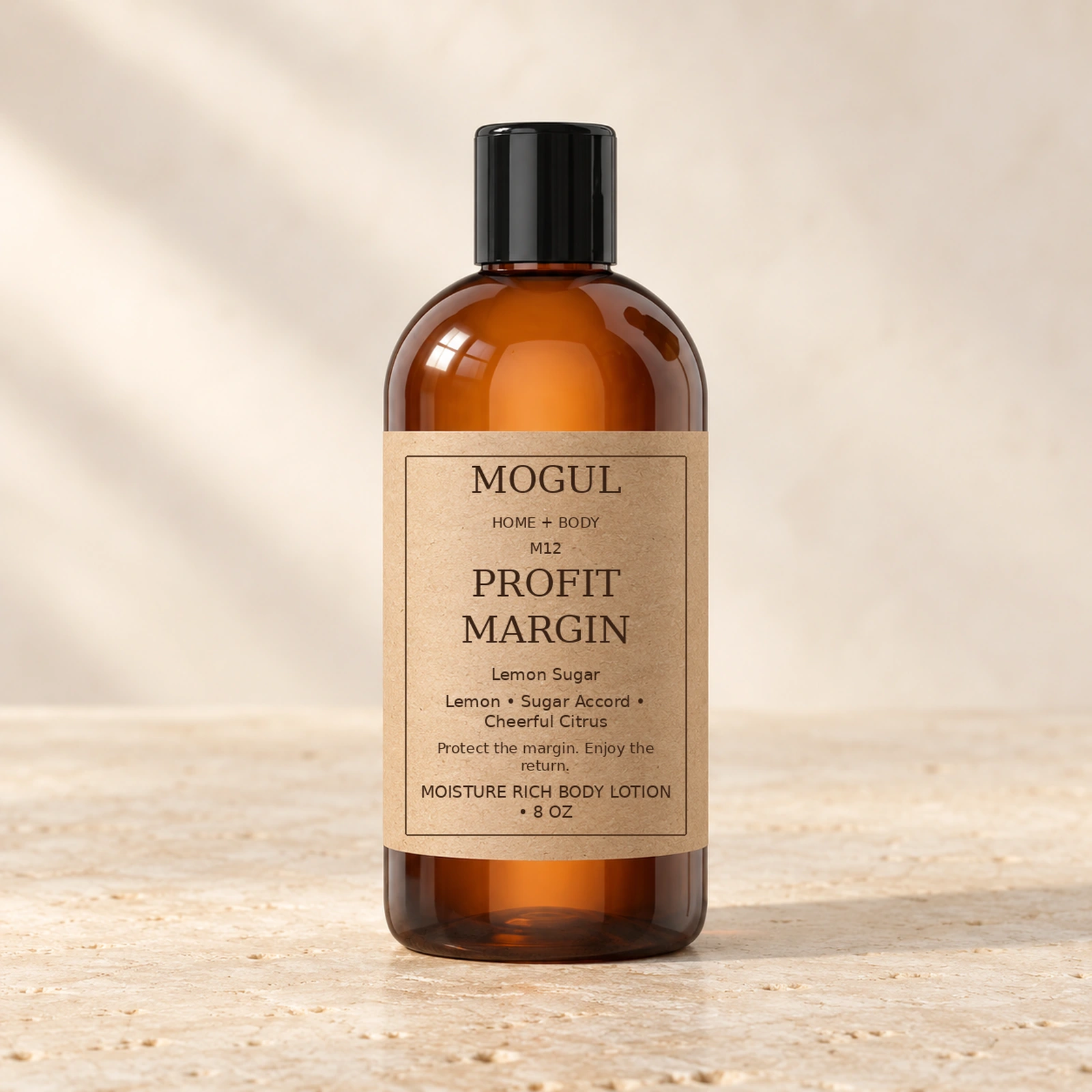 M12 PROFIT MARGIN Moisture Rich Body Lotion, 8 oz — packaging mockup with MOGUL HOME + BODY kraft label