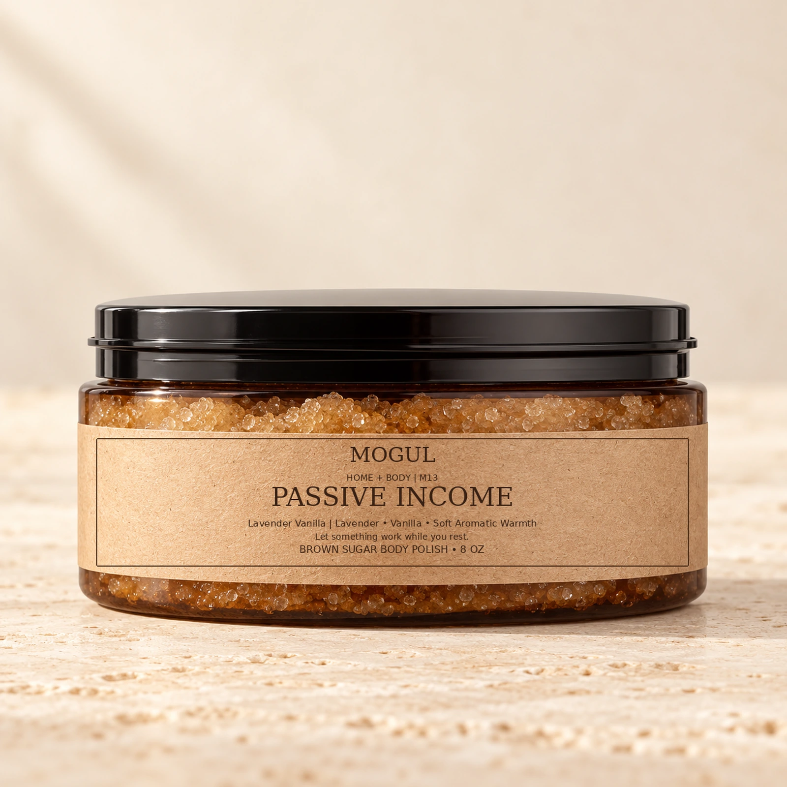 M13 PASSIVE INCOME Brown Sugar Body Polish, 8 oz — packaging mockup with MOGUL HOME + BODY kraft label