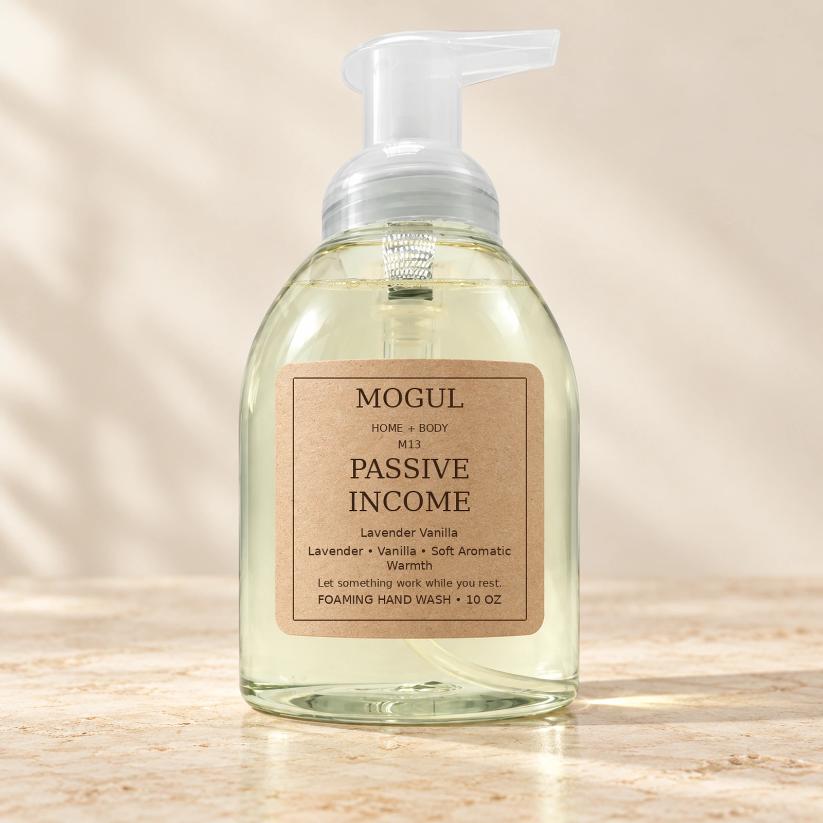 M13 PASSIVE INCOME Foaming Hand Wash, 10 oz — packaging mockup with MOGUL HOME + BODY kraft label
