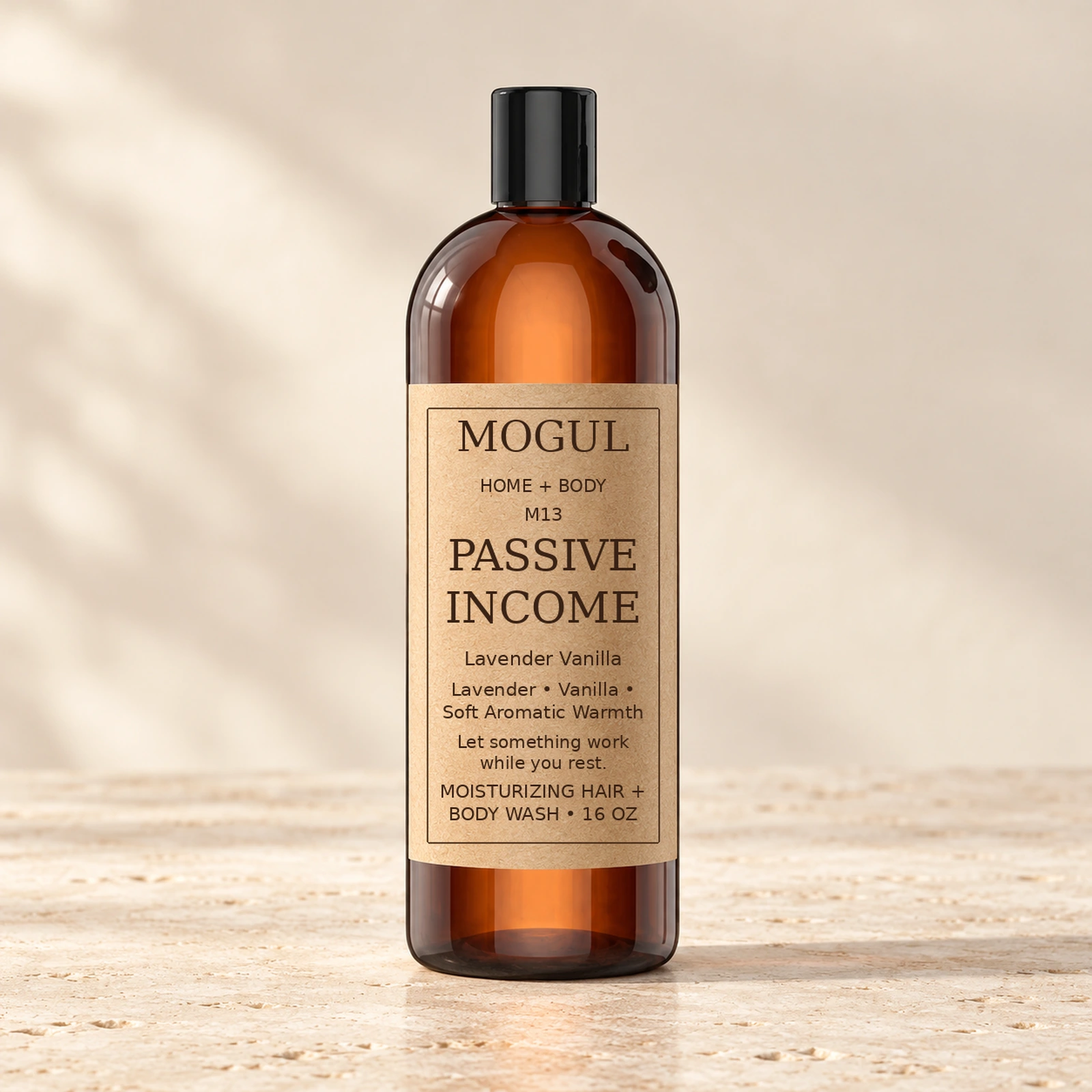 M13 PASSIVE INCOME Hair + Body Wash, 16 oz — packaging mockup with MOGUL HOME + BODY kraft label