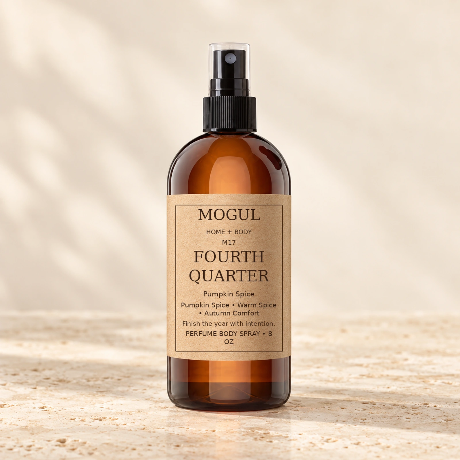 M17 FOURTH QUARTER Perfume Body Spray, 8 oz — packaging mockup with MOGUL HOME + BODY kraft label