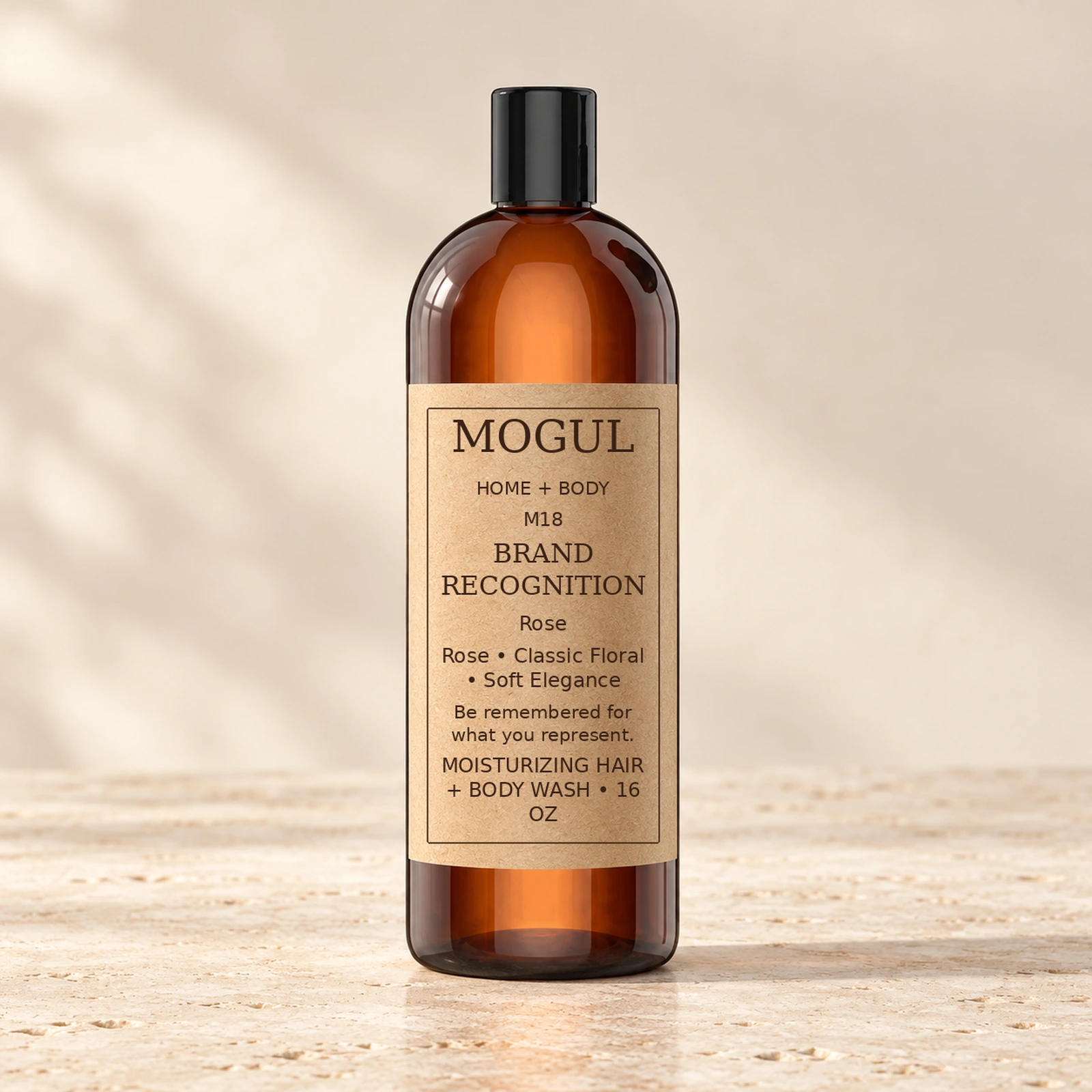 M18 BRAND RECOGNITION Hair + Body Wash, 16 oz — packaging mockup with MOGUL HOME + BODY kraft label