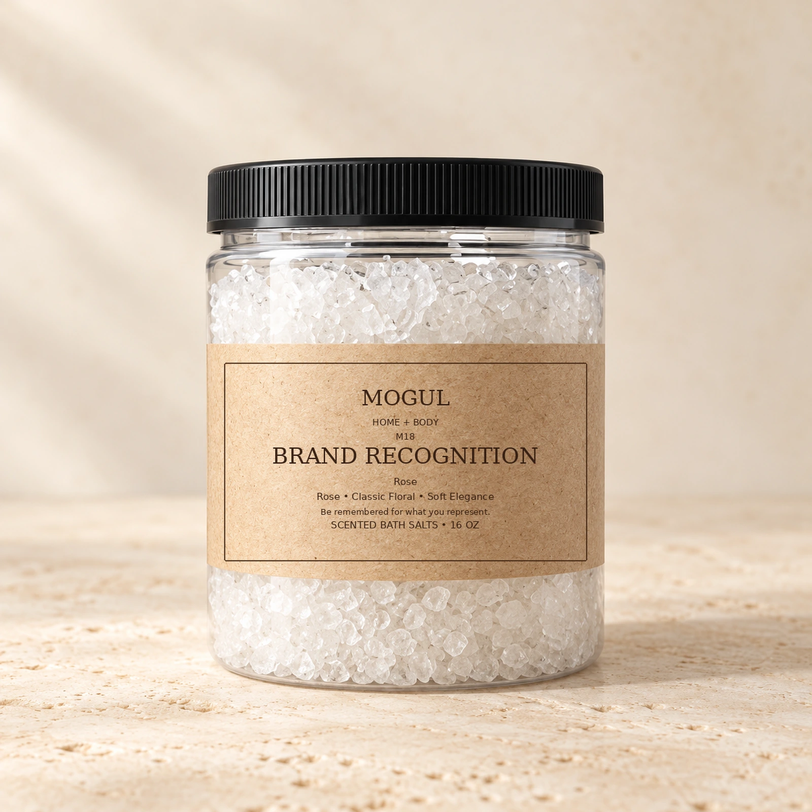 M18 BRAND RECOGNITION Scented Bath Salts, 16 oz — packaging mockup with MOGUL HOME + BODY kraft label