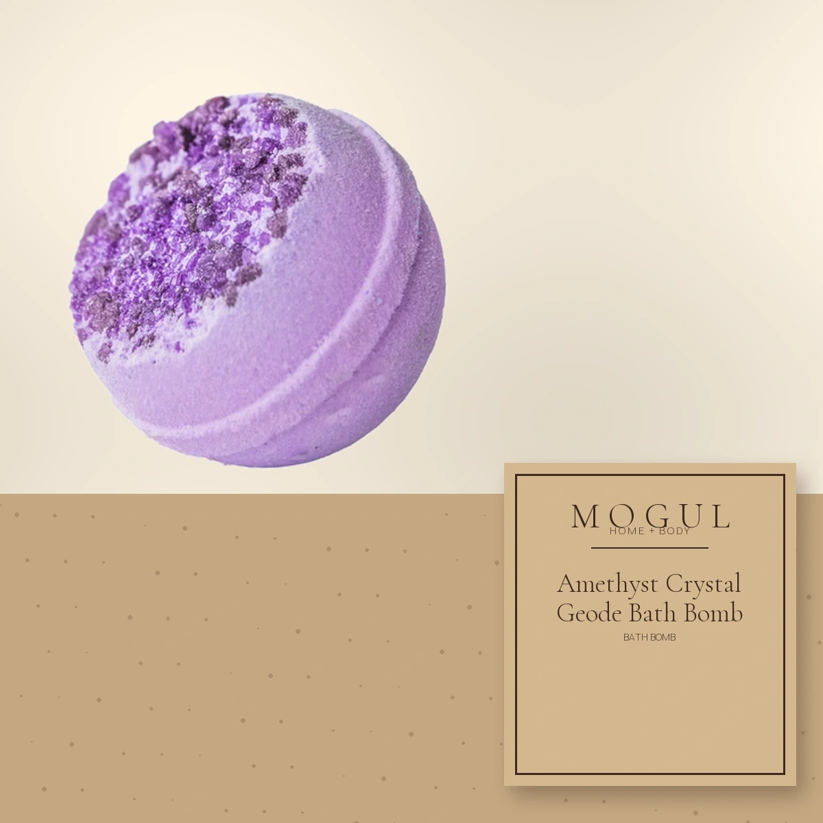 Amethyst Crystal Geode Bath Bomb Bath Bomb — packaging concept with MOGUL HOME + BODY kraft label