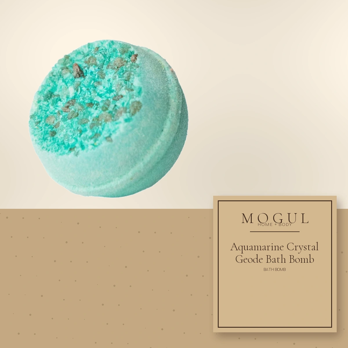 Aquamarine Crystal Geode Bath Bomb Bath Bomb — packaging concept with MOGUL HOME + BODY kraft label