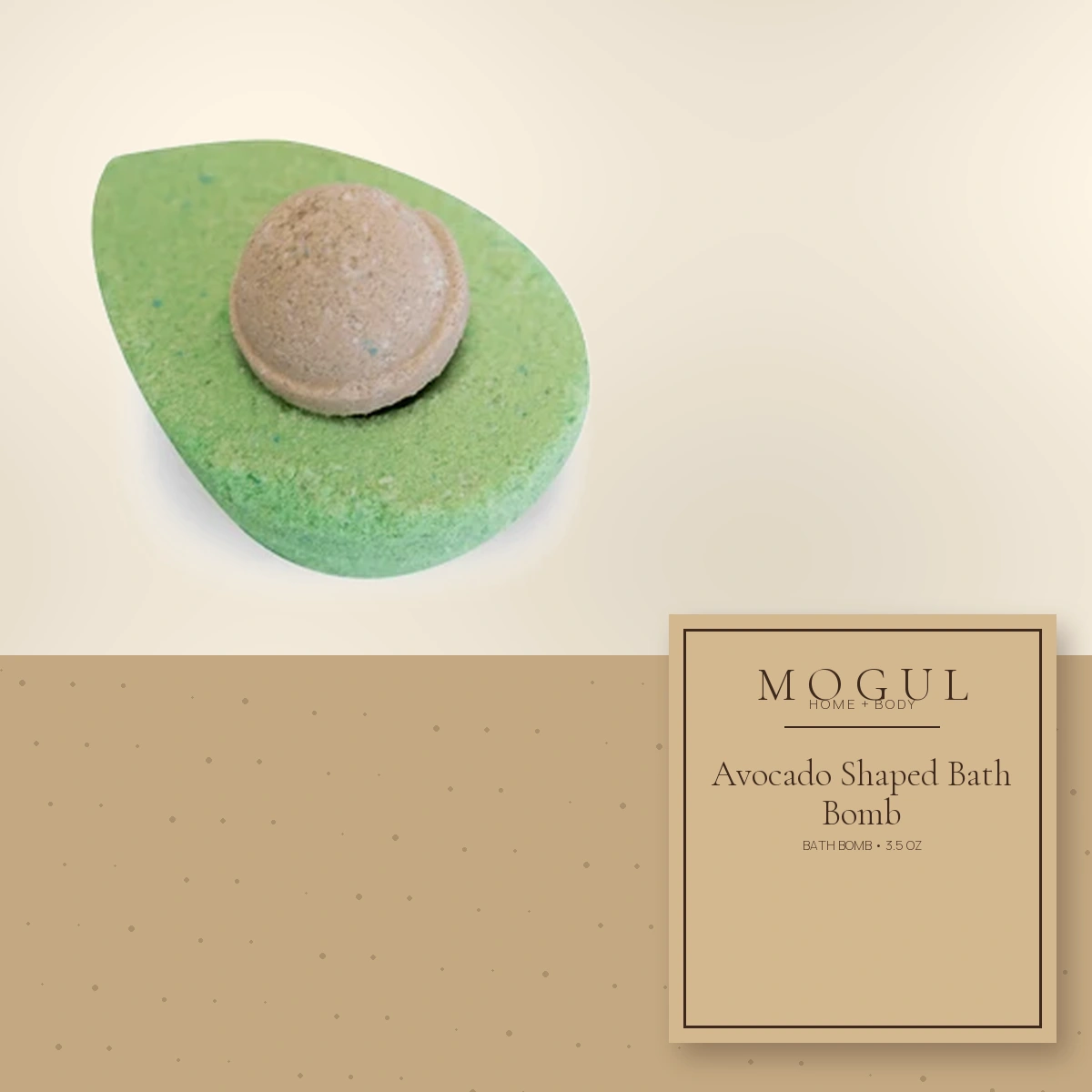 Avocado Shaped Bath Bomb Bath Bomb, 3.5 oz — packaging concept with MOGUL HOME + BODY kraft label