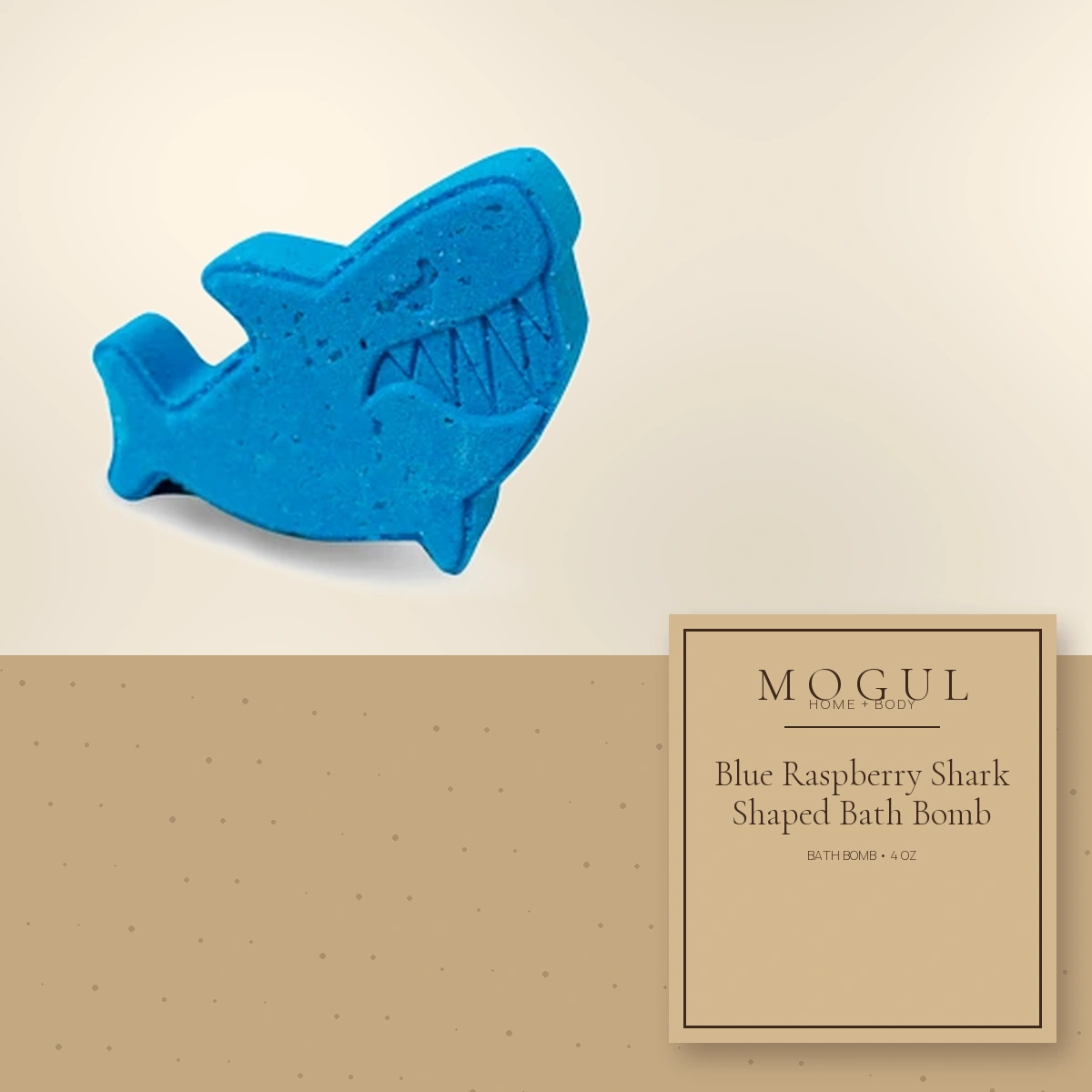Blue Raspberry Shark Shaped Bath Bomb Bath Bomb, 4 oz — packaging concept with MOGUL HOME + BODY kraft label