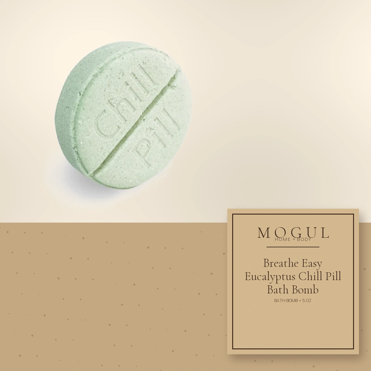 Breathe Easy Eucalyptus Chill Pill Bath Bomb Bath Bomb, 5 oz — packaging concept with MOGUL HOME + BODY kraft label