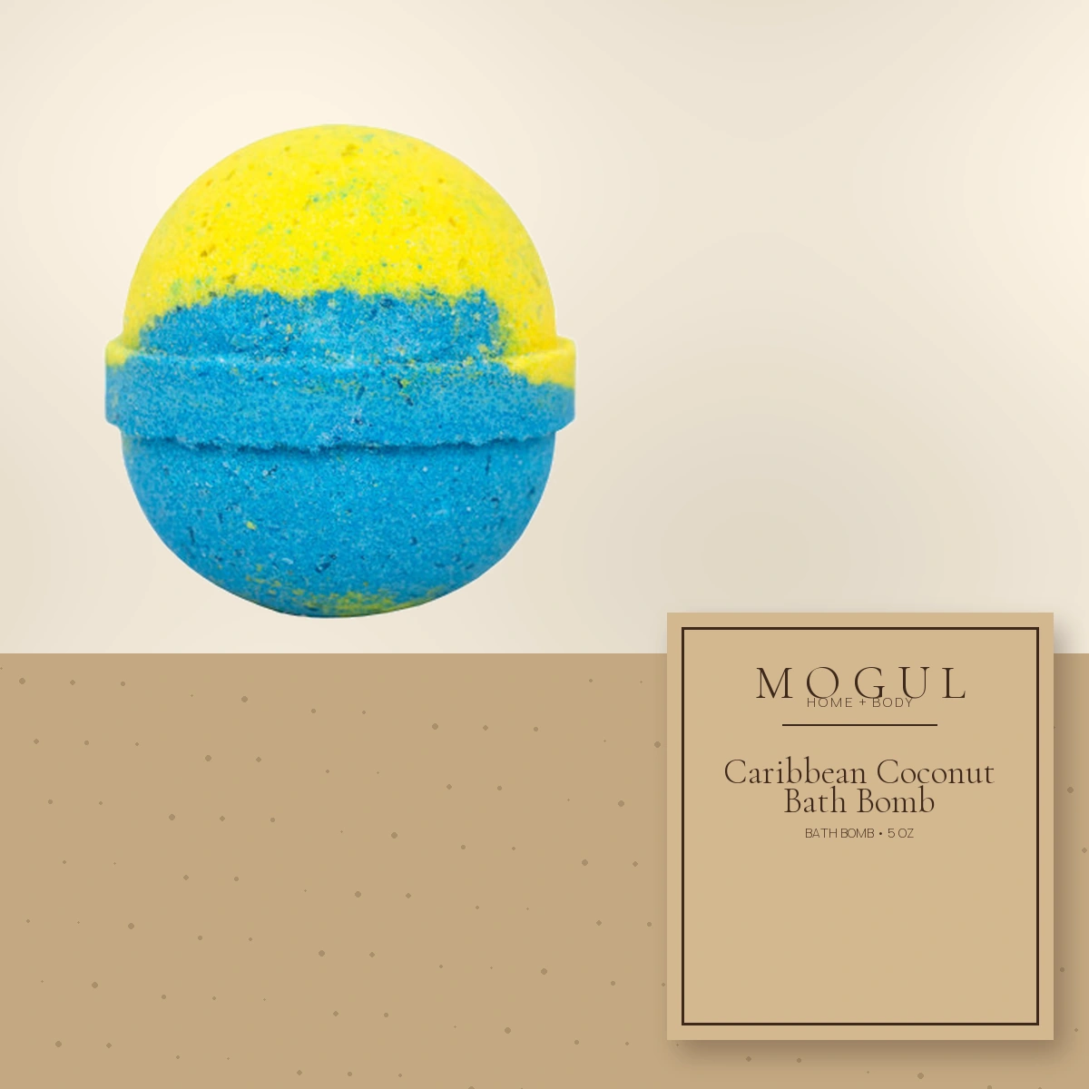 Caribbean Coconut Bath Bomb Bath Bomb, 5 oz — packaging concept with MOGUL HOME + BODY kraft label