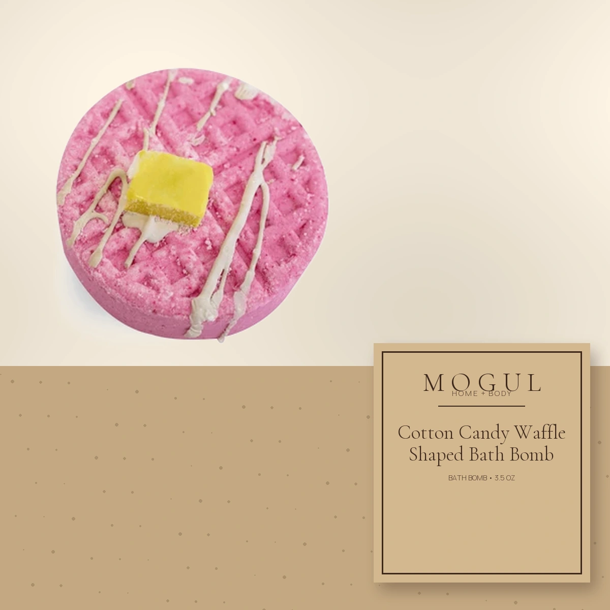 Cotton Candy Waffle Shaped Bath Bomb Bath Bomb, 3.5 oz — packaging concept with MOGUL HOME + BODY kraft label