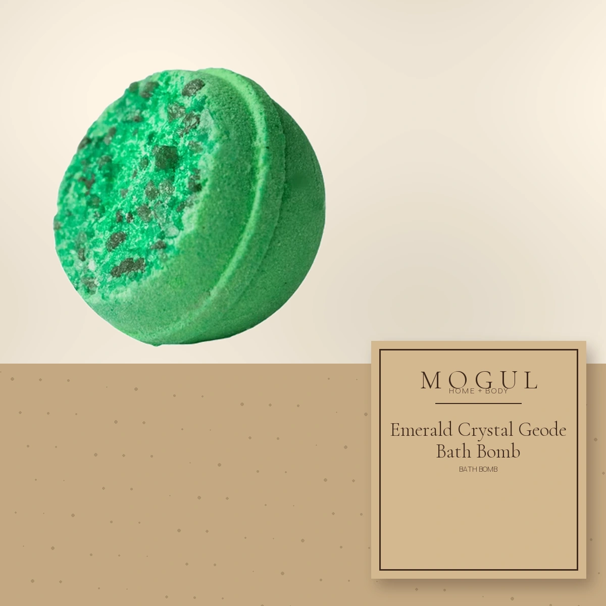 Emerald Crystal Geode Bath Bomb Bath Bomb — packaging concept with MOGUL HOME + BODY kraft label