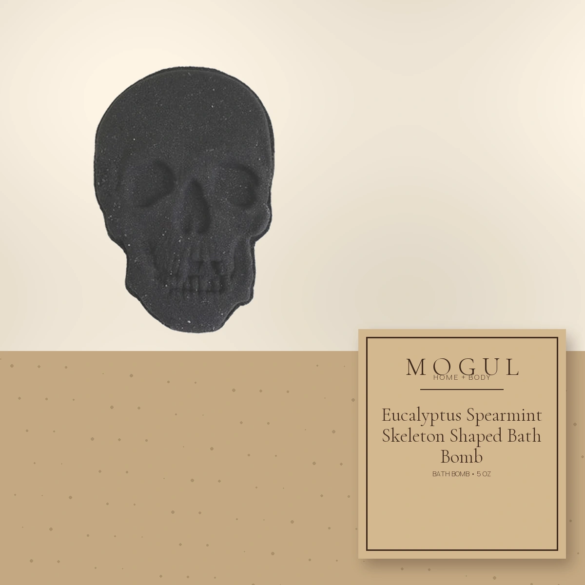 Eucalyptus Spearmint Skeleton Shaped Bath Bomb Bath Bomb, 5 oz — packaging concept with MOGUL HOME + BODY kraft label