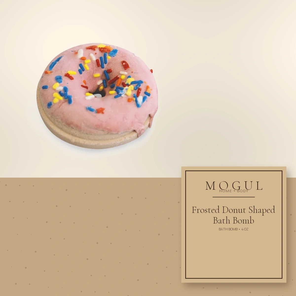 Frosted Donut Shaped Bath Bomb Bath Bomb, 4 oz — packaging concept with MOGUL HOME + BODY kraft label