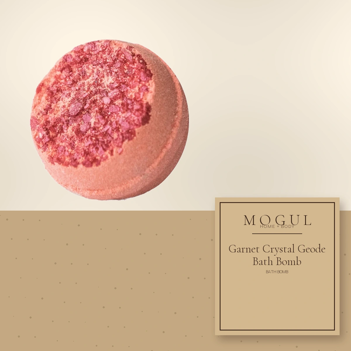 Garnet Crystal Geode Bath Bomb Bath Bomb — packaging concept with MOGUL HOME + BODY kraft label