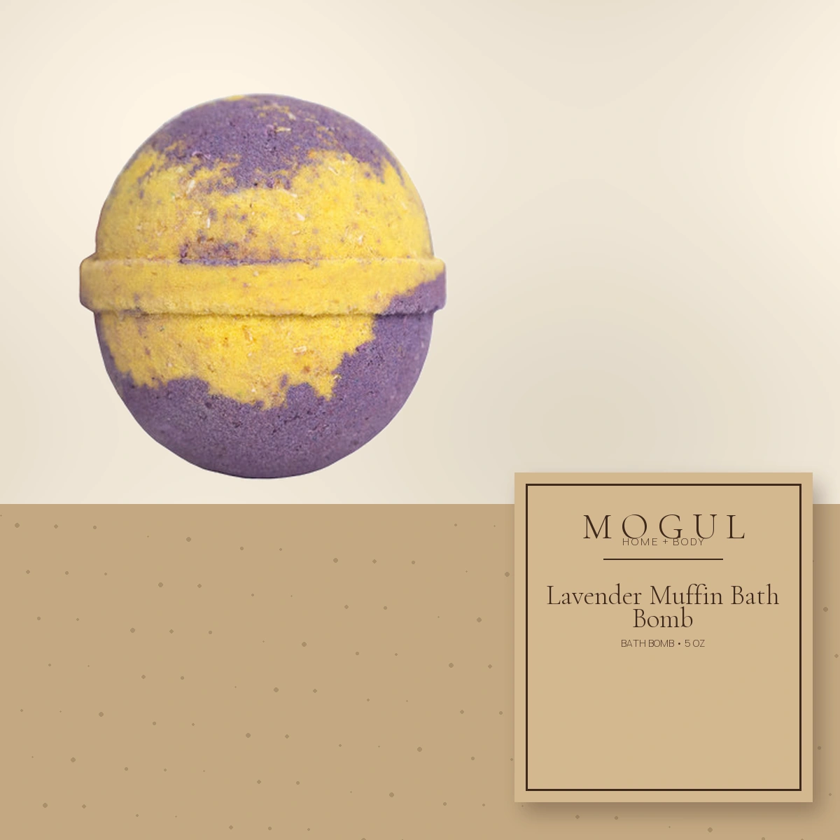 Lavender Muffin Bath Bomb Bath Bomb, 5 oz — packaging concept with MOGUL HOME + BODY kraft label