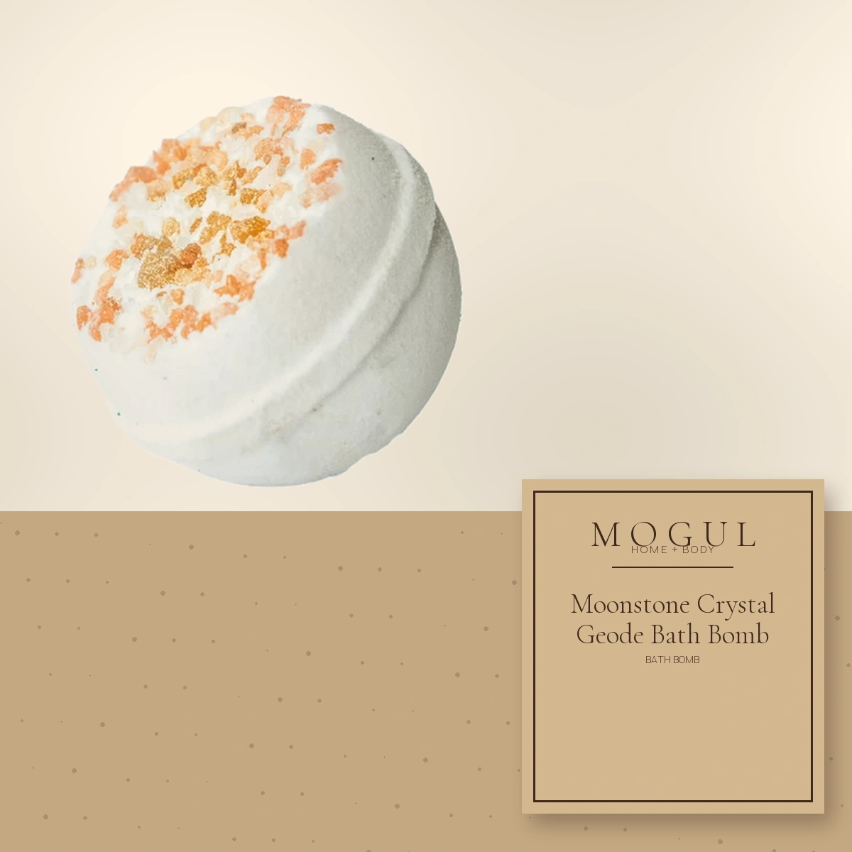 Moonstone Crystal Geode Bath Bomb Bath Bomb — packaging concept with MOGUL HOME + BODY kraft label