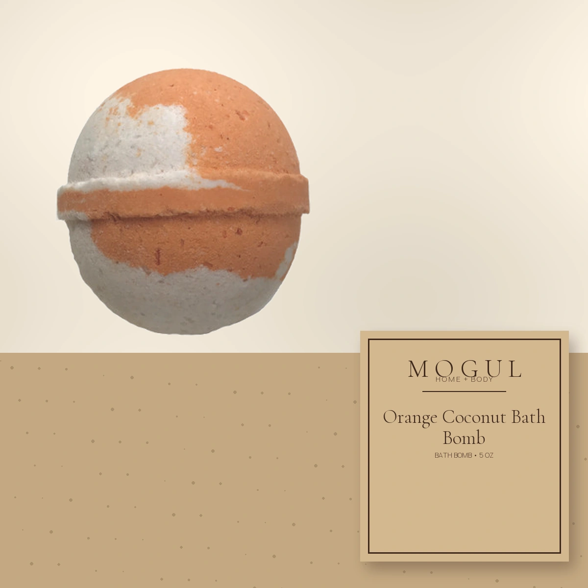 Orange Coconut Bath Bomb Bath Bomb, 5 oz — packaging concept with MOGUL HOME + BODY kraft label