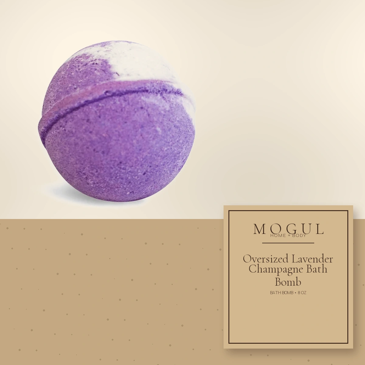 Oversized Lavender Champagne Bath Bomb Bath Bomb, 8 oz — packaging concept with MOGUL HOME + BODY kraft label
