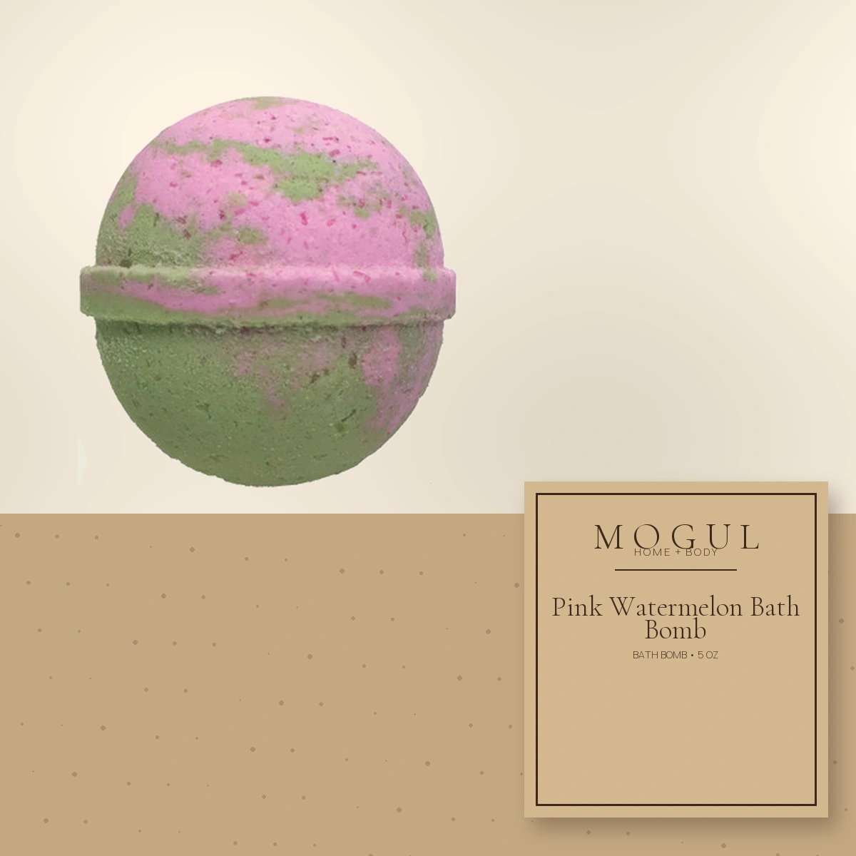 Pink Watermelon Bath Bomb Bath Bomb, 5 oz — packaging concept with MOGUL HOME + BODY kraft label