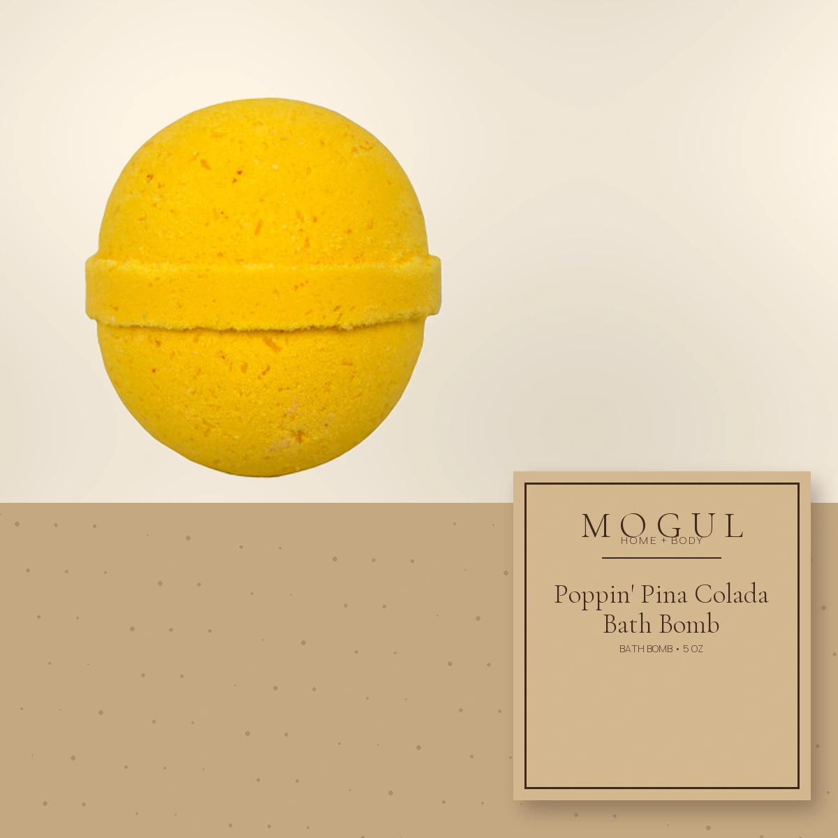 Poppin' Pina Colada Bath Bomb Bath Bomb, 5 oz — packaging concept with MOGUL HOME + BODY kraft label