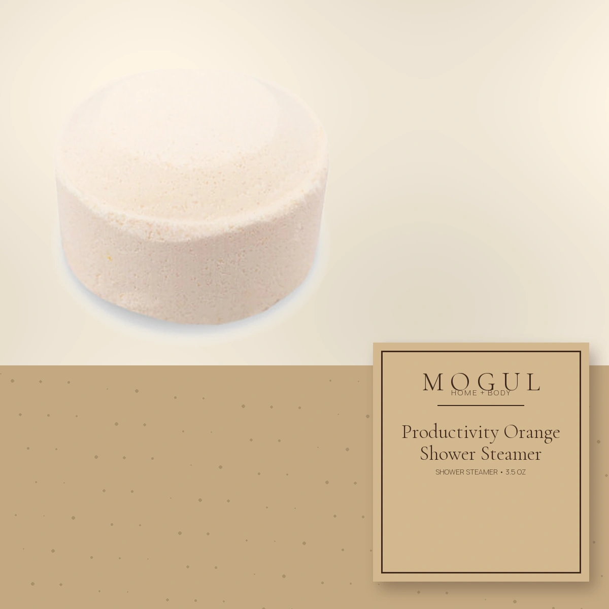 Productivity Orange Shower Steamer Shower Steamer, 3.5 oz — packaging concept with MOGUL HOME + BODY kraft label
