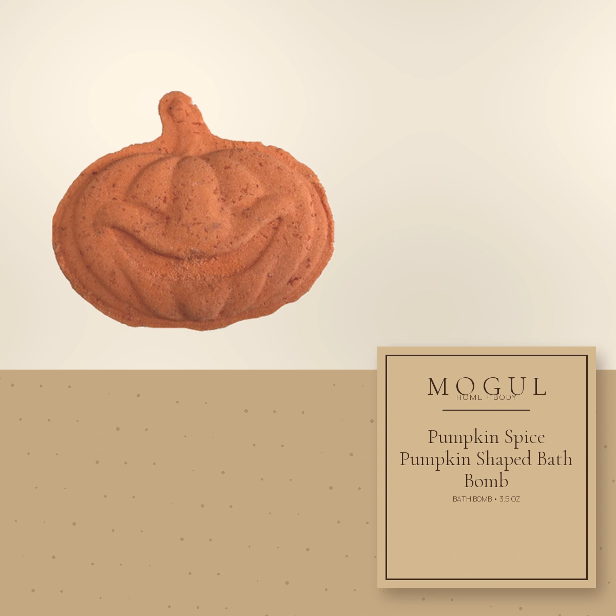 Pumpkin Spice Pumpkin Shaped Bath Bomb Bath Bomb, 3.5 oz — packaging concept with MOGUL HOME + BODY kraft label