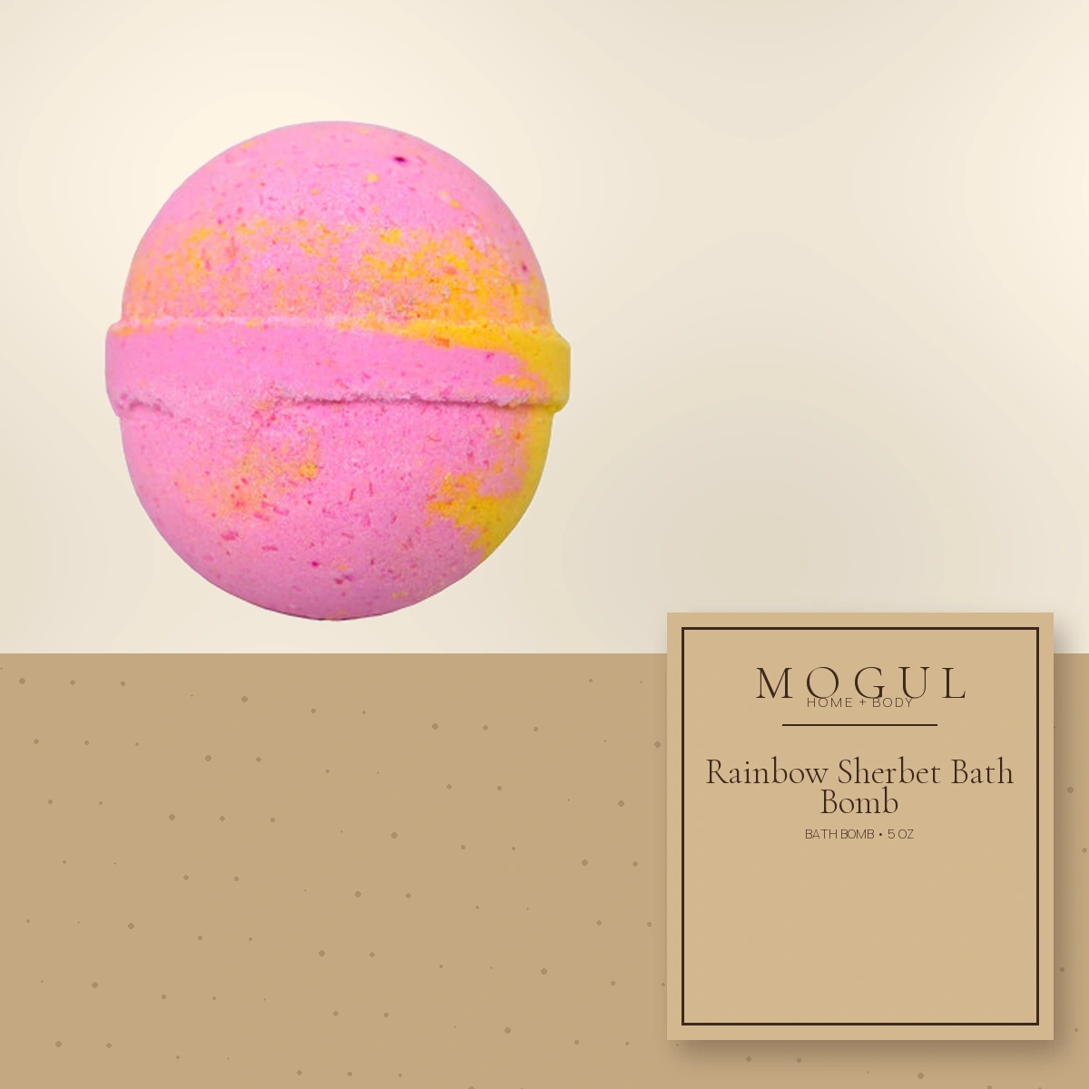 Rainbow Sherbet Bath Bomb Bath Bomb, 5 oz — packaging concept with MOGUL HOME + BODY kraft label