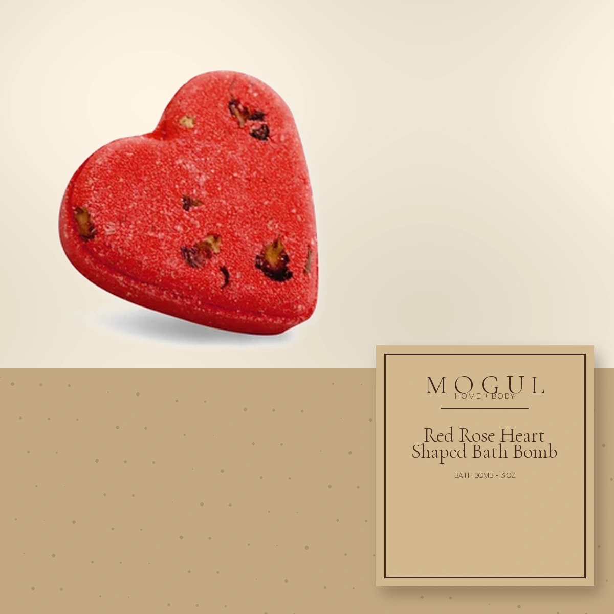 Red Rose Heart Shaped Bath Bomb Bath Bomb, 3 oz — packaging concept with MOGUL HOME + BODY kraft label
