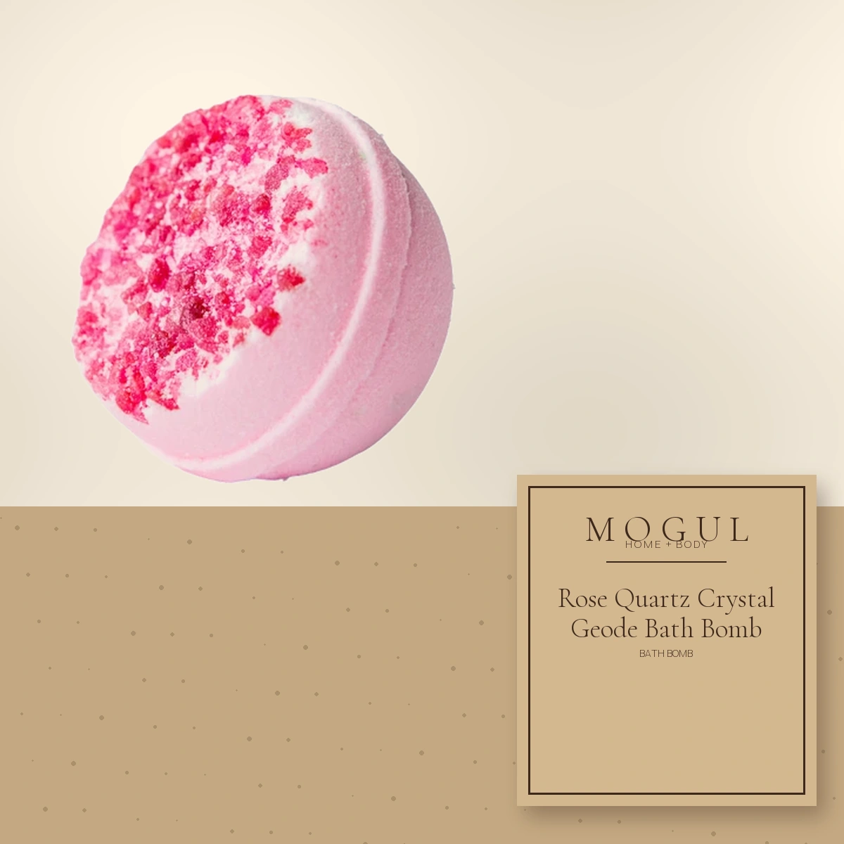 Rose Quartz Crystal Geode Bath Bomb Bath Bomb — packaging concept with MOGUL HOME + BODY kraft label